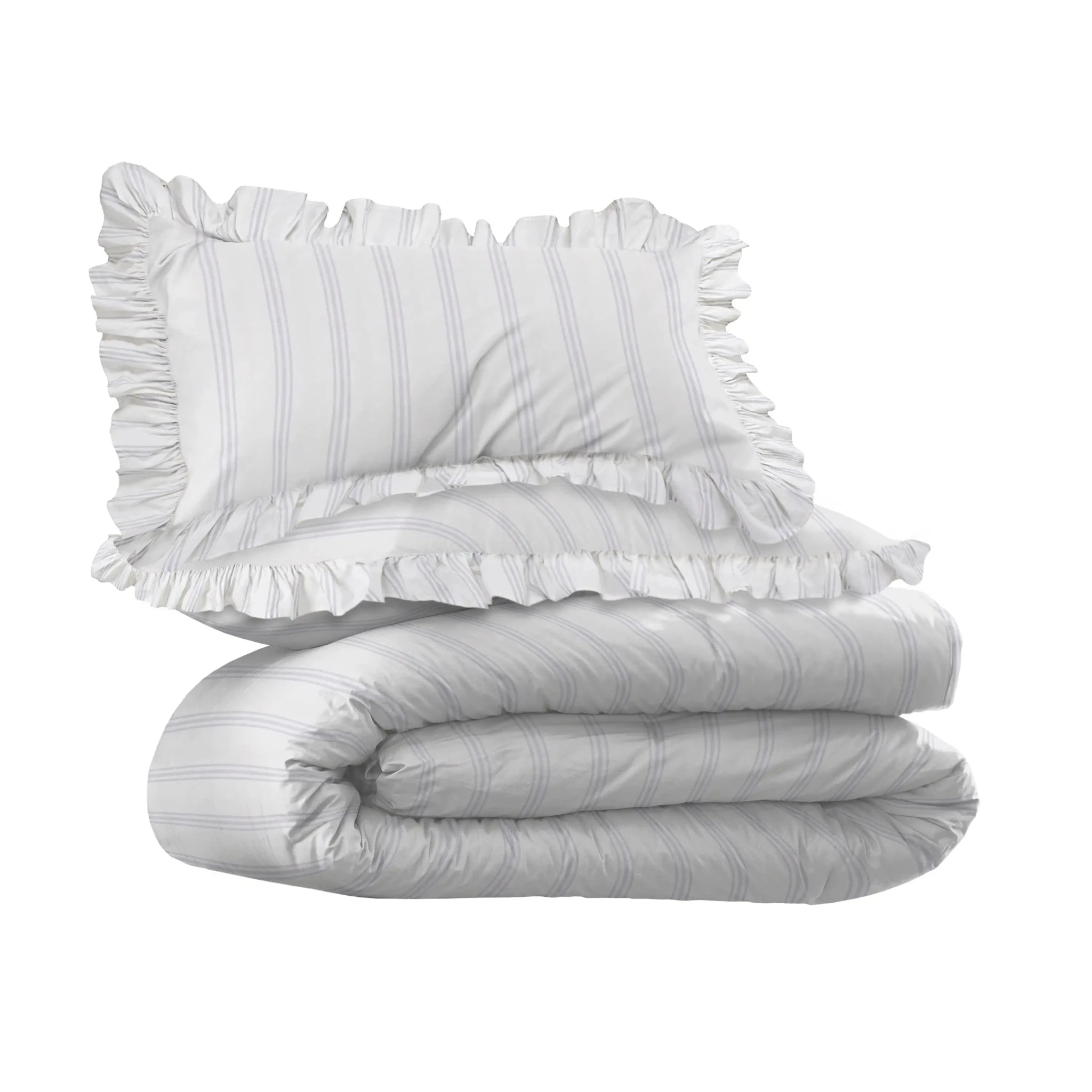 White striped bedding set with ruffled pillowcases on a white background