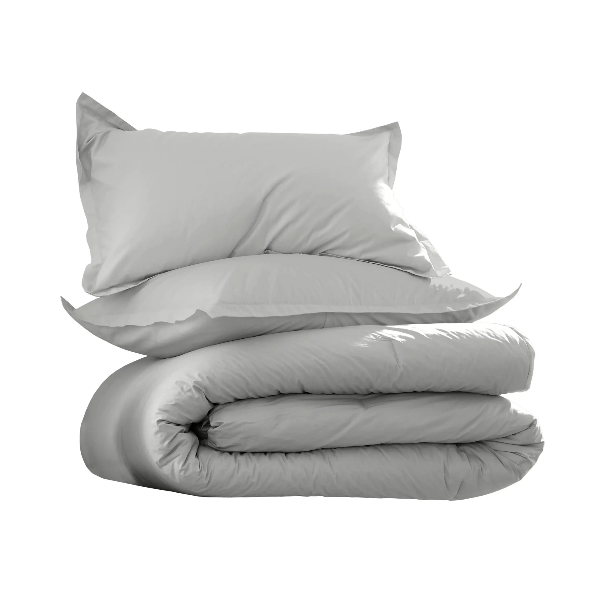 Light gray bedding set with two pillowcases and a comforter on a white background