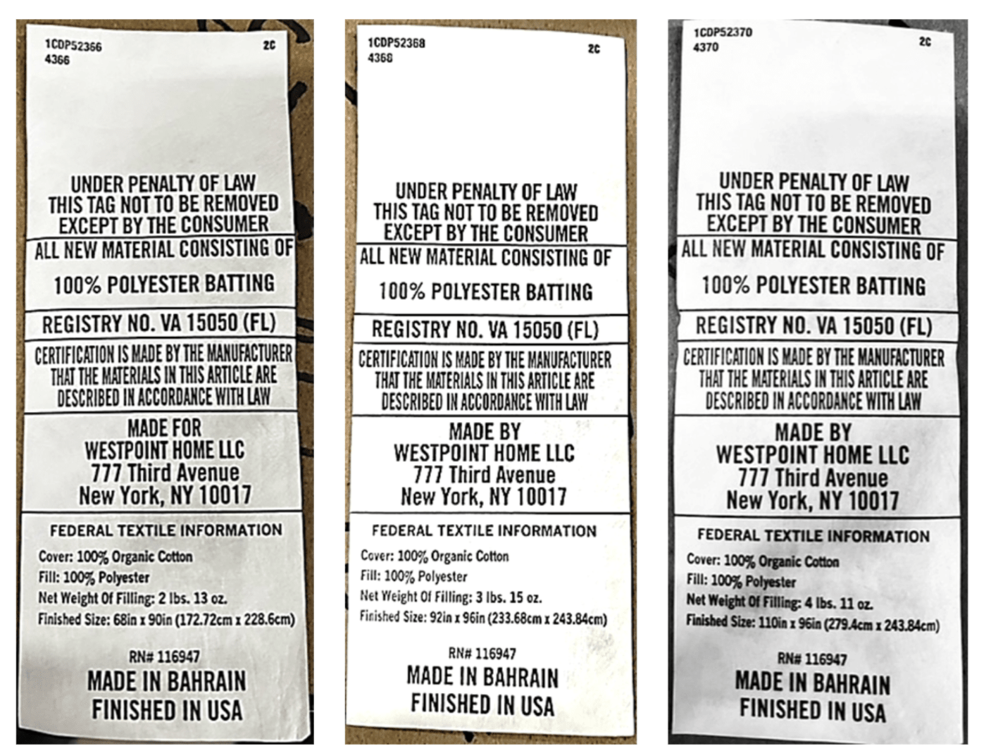 Three identical labels with text and branding information on a white background