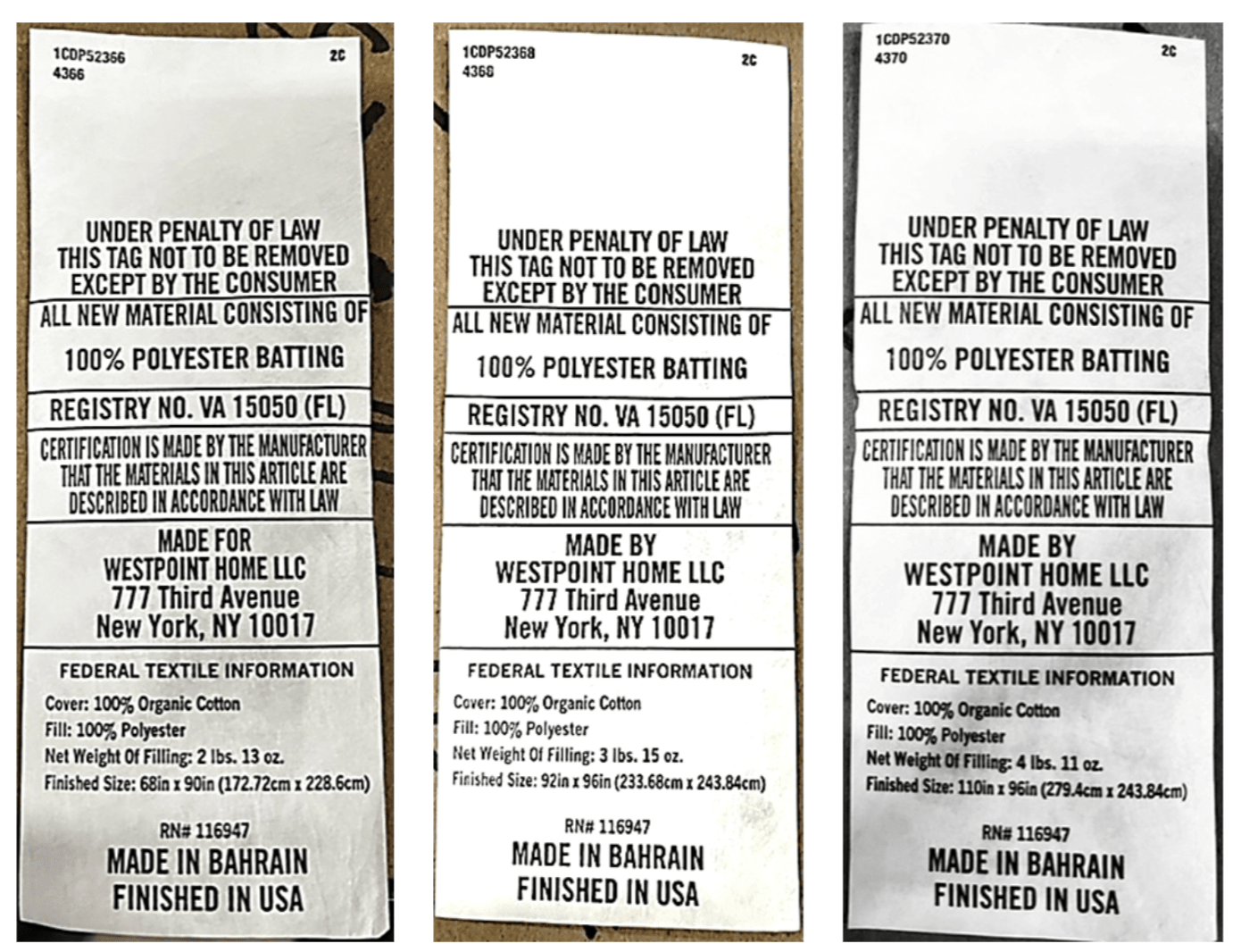 Three identical labels with text and branding information on a white background