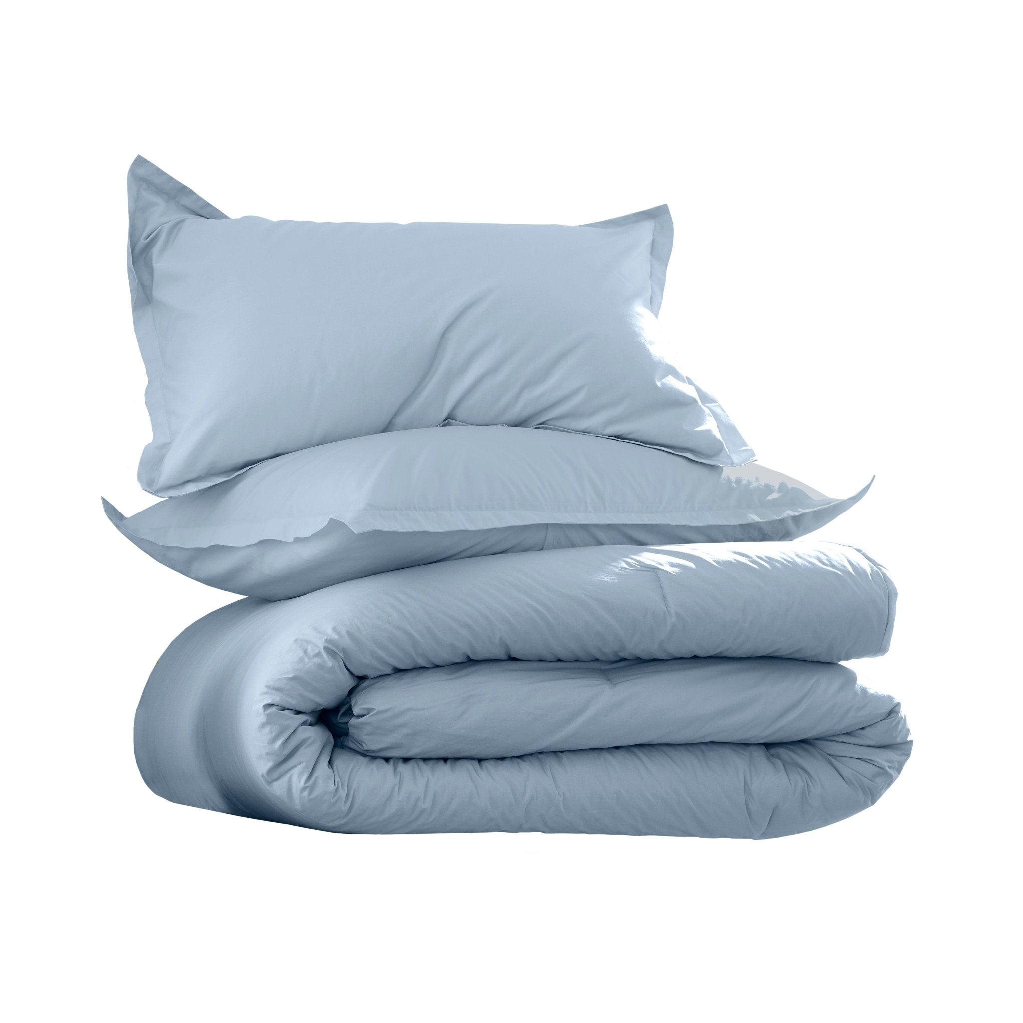 Folded light blue comforter set on a white background