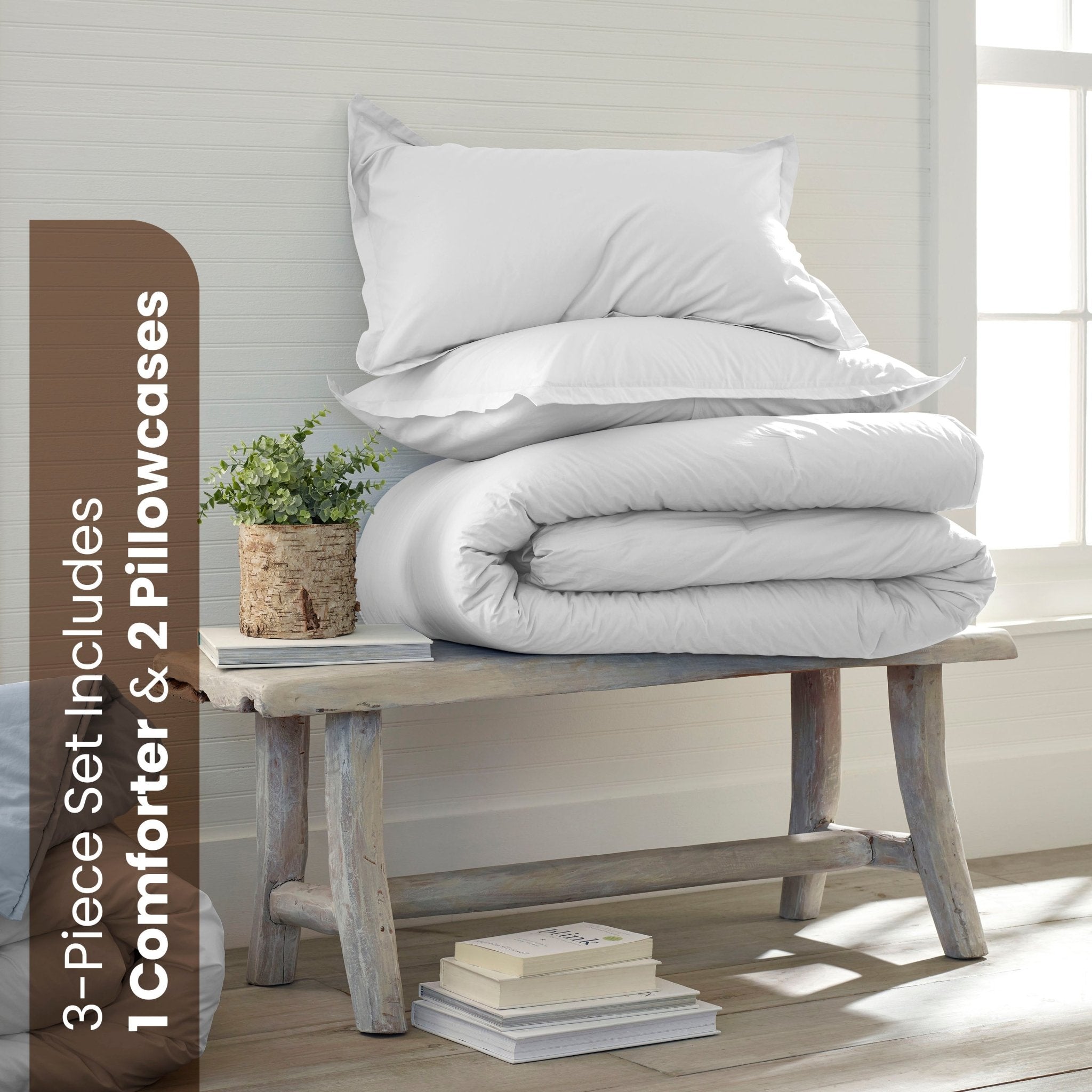 Soft white comforter set on a wooden bench in a bright room with a text of product components.