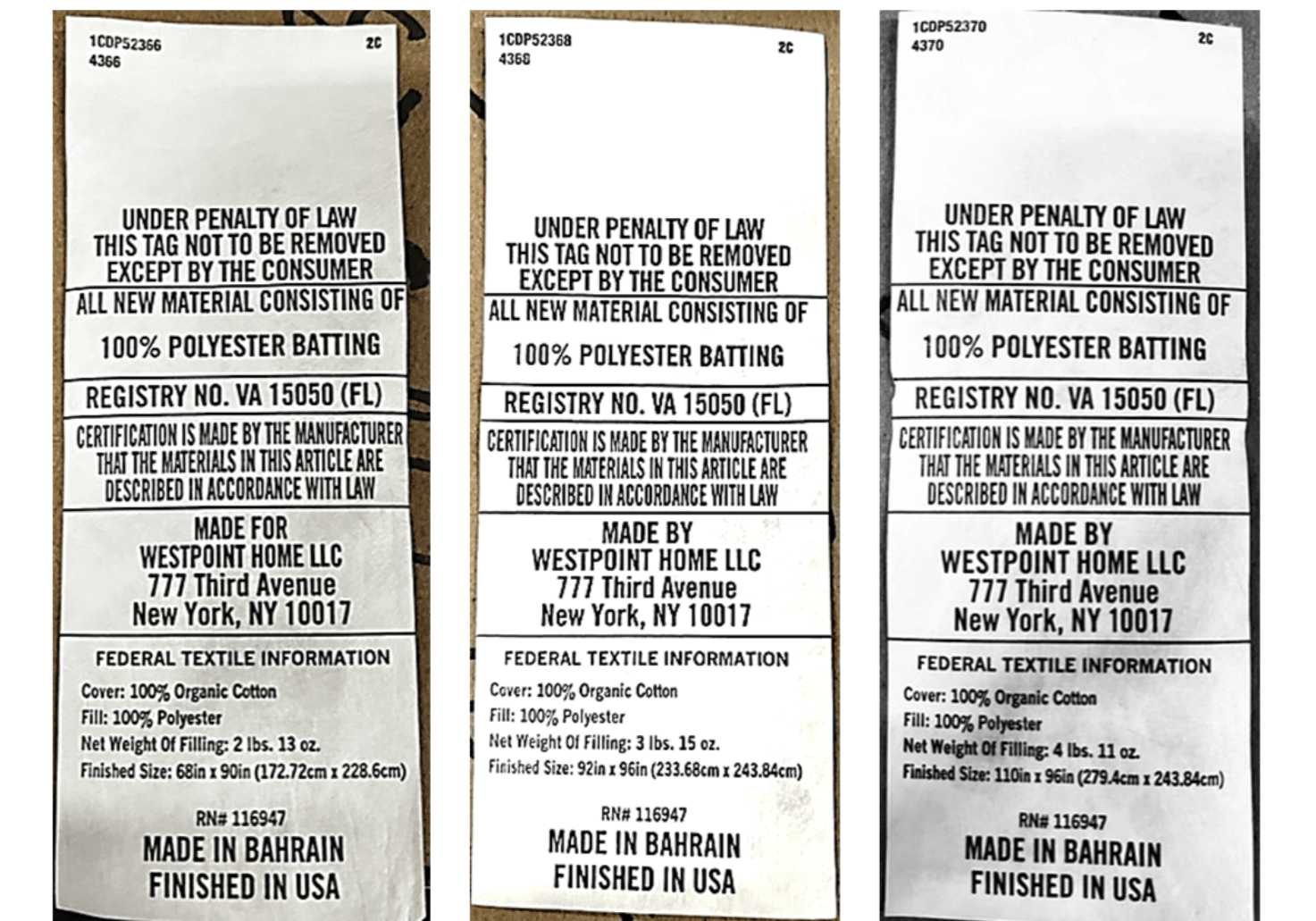 Three identical labels with text and branding on a white background