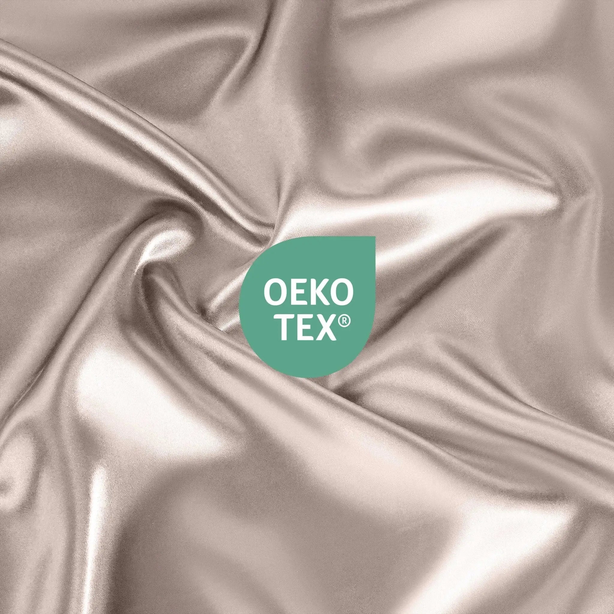 Silky fabric with OEKO-TEX logo in the center