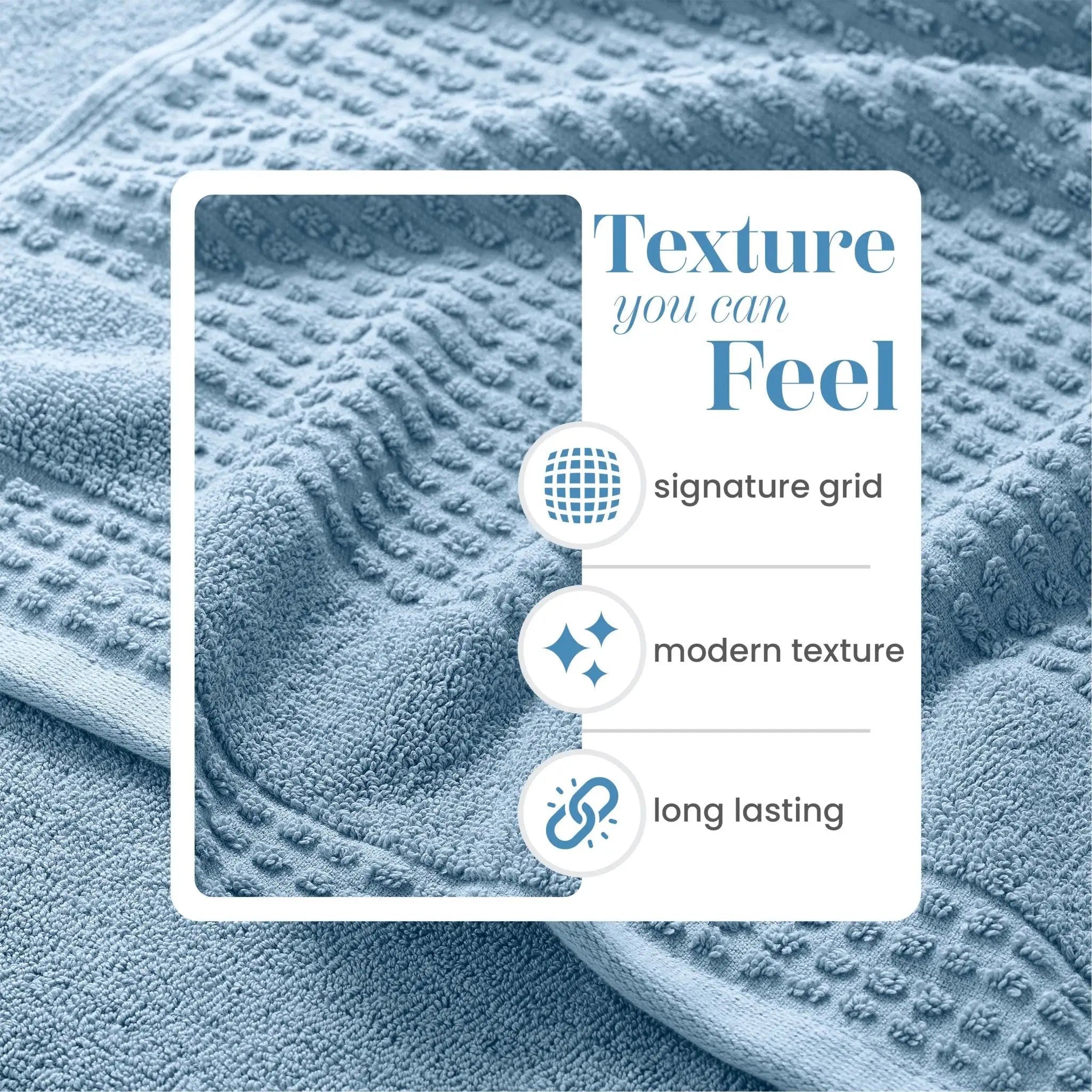Close-up of textured blue fabric with a 'Texture you can Feel' label detailing features.