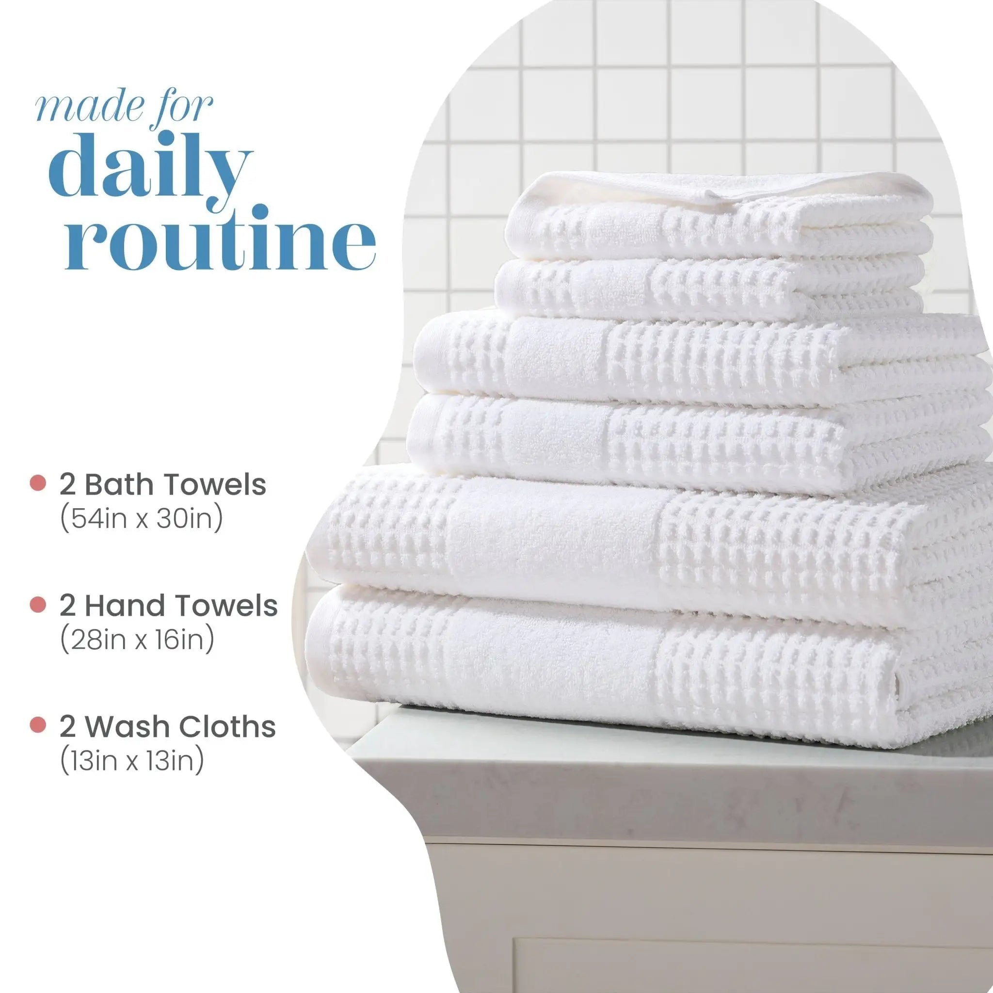 A stack of white towel set displayed on a bathroom counter, with text reading 'made for daily routine' and product dimensions listed on the left.