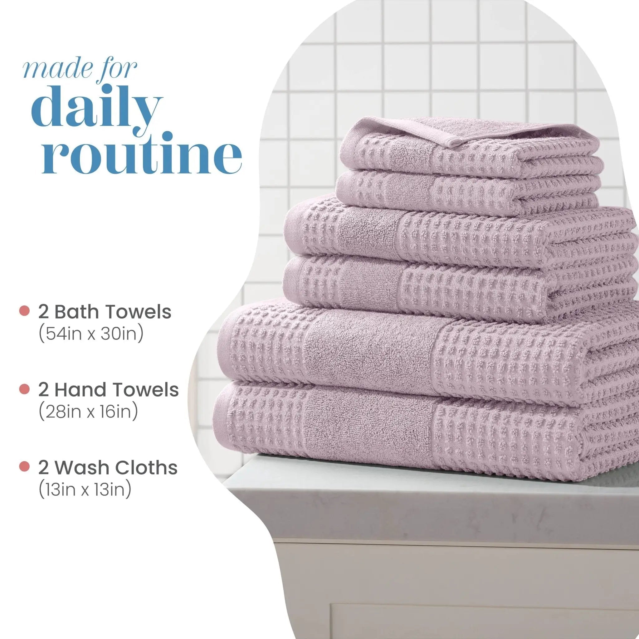 Set of lilac towels including bath towels, hand towels, and washcloths on a white surface with text indicating size and purpose.
