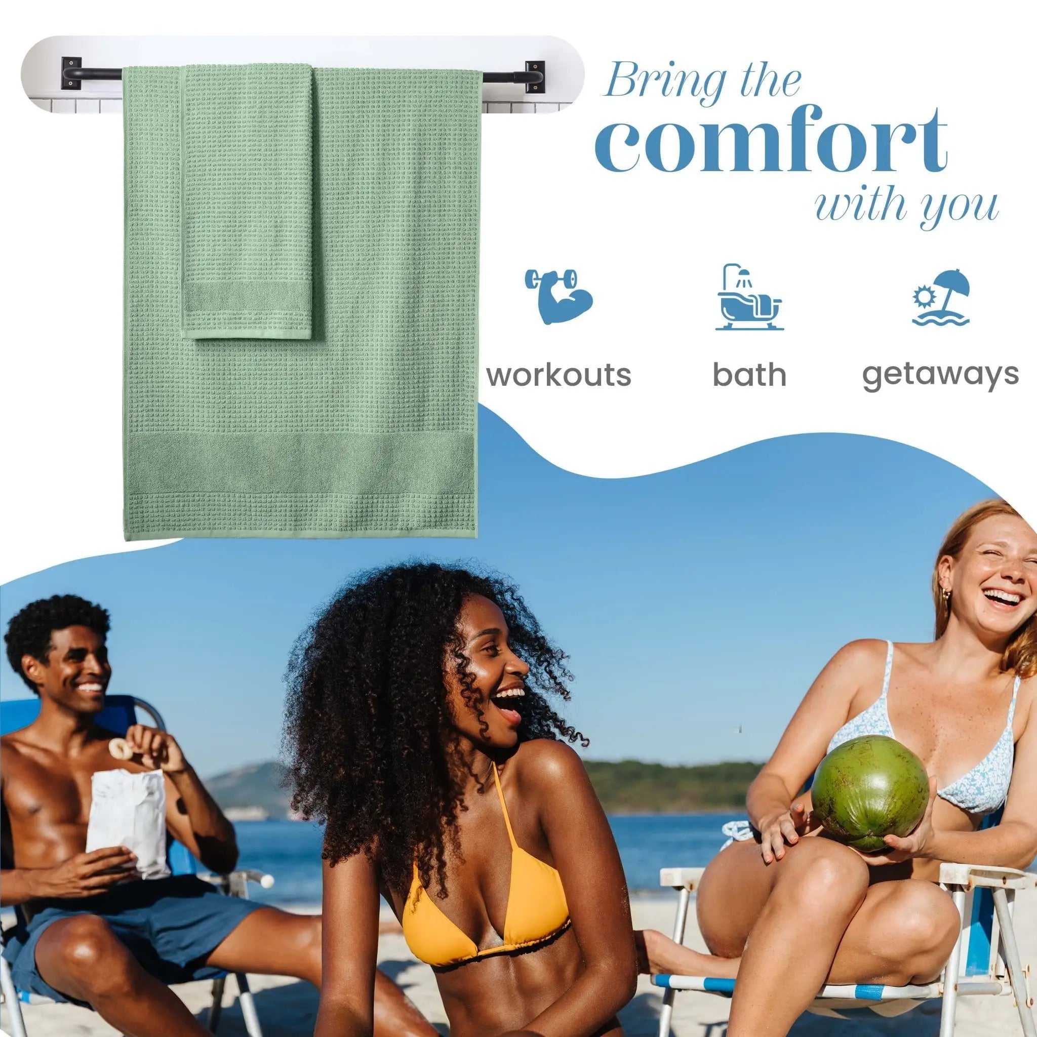 A sage green towel set hanging from a black metal towel bar against a white background, with beach lifestyle photos of three smiling people below and marketing text reading 'Bring the comfort with you' and 'workouts bath getaways'.