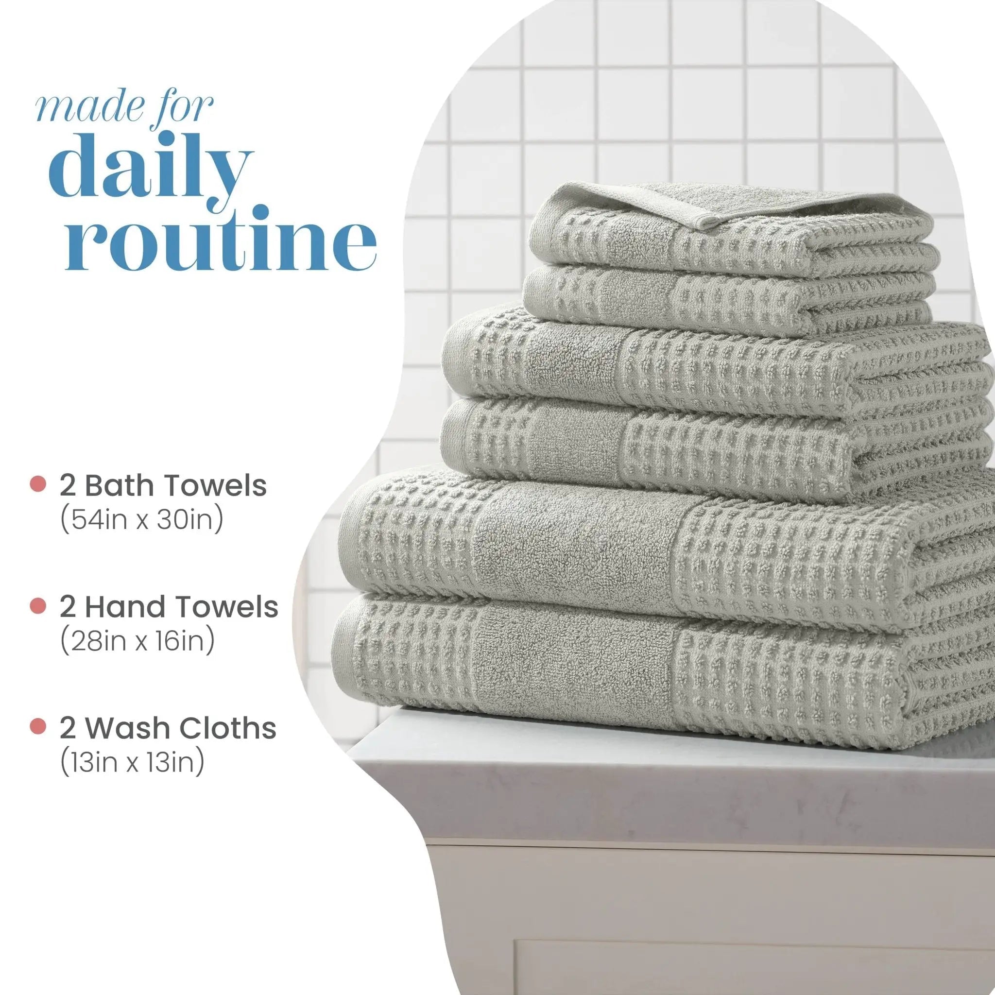 Stack of gray towel set on a white surface with text detailing towel sizes.