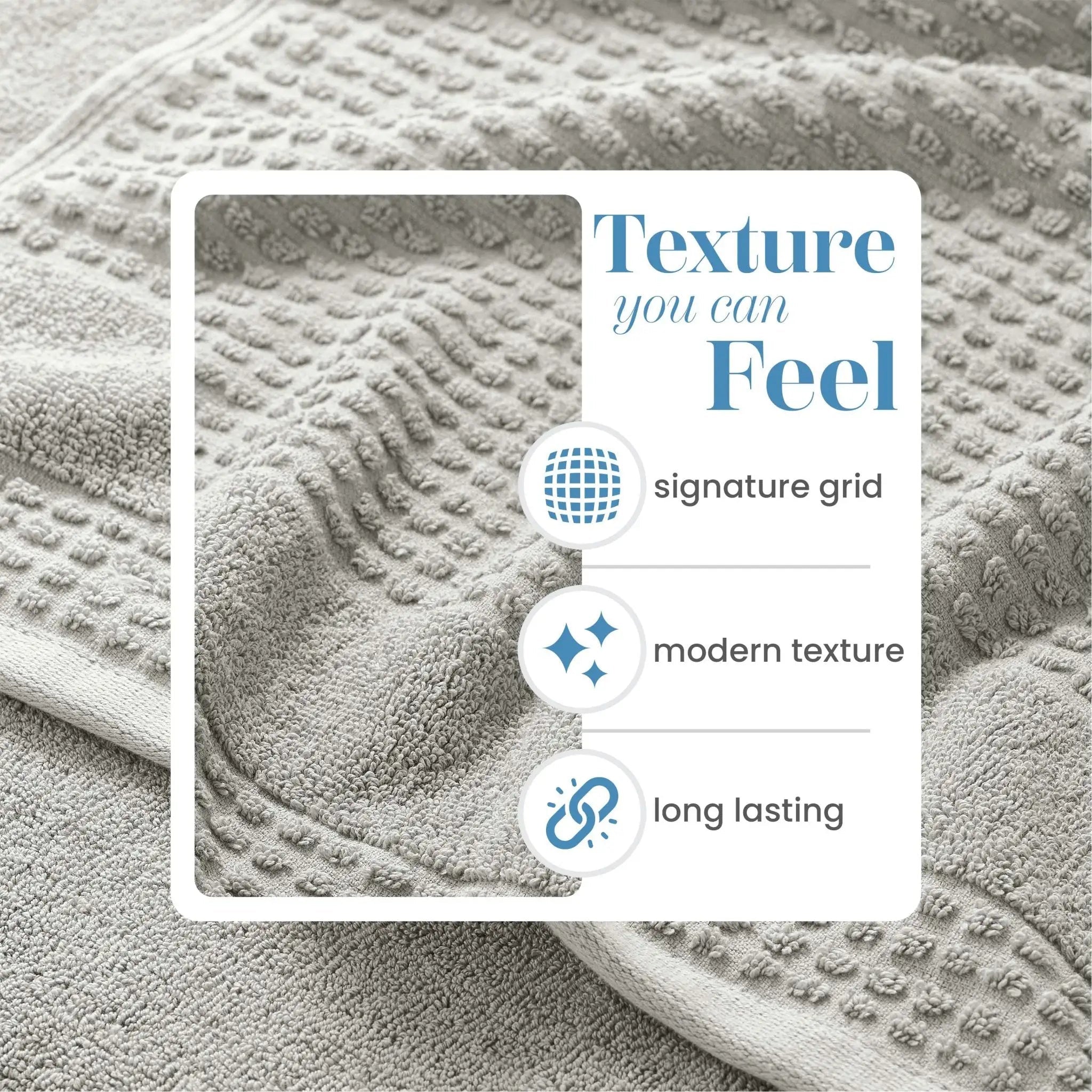 A close-up of a light gray textured towel with a white informational overlay that reads 'Texture you can Feel' and lists features like signature grid, modern texture, and long lasting.