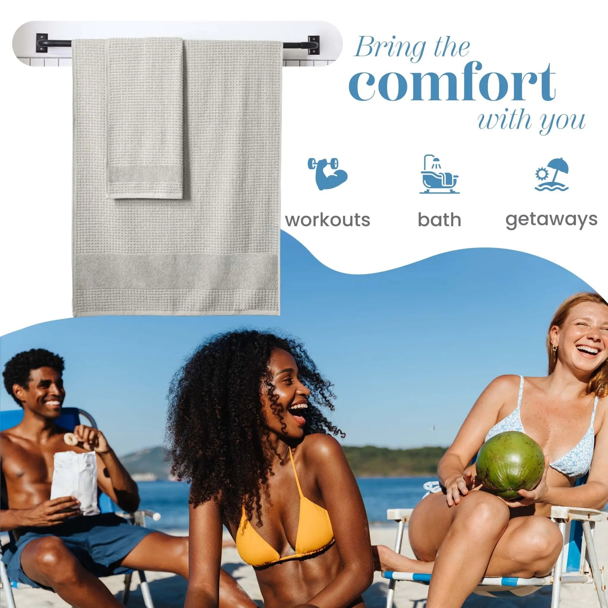 Towel rack with a grey towel above people by the beach, with text 'Bring the comfort with you'.