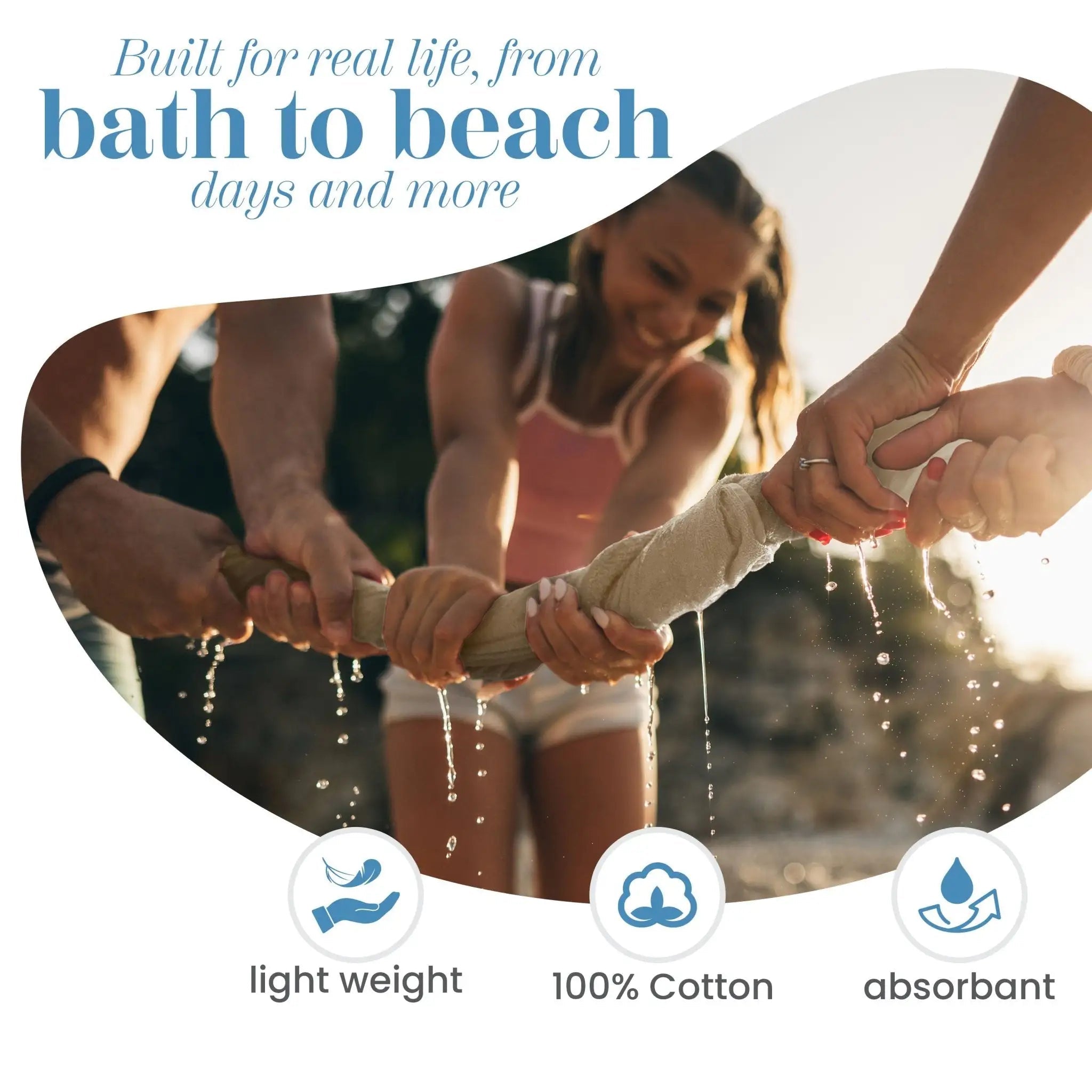 People playing with a sand towel at the beach, with text about product features.