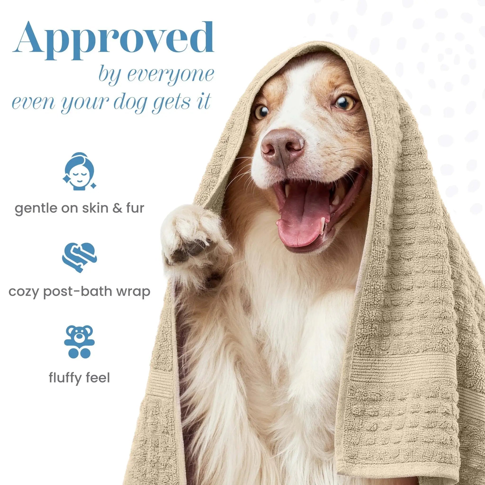 Dog wrapped in a sand towel with text about product benefits on a white background