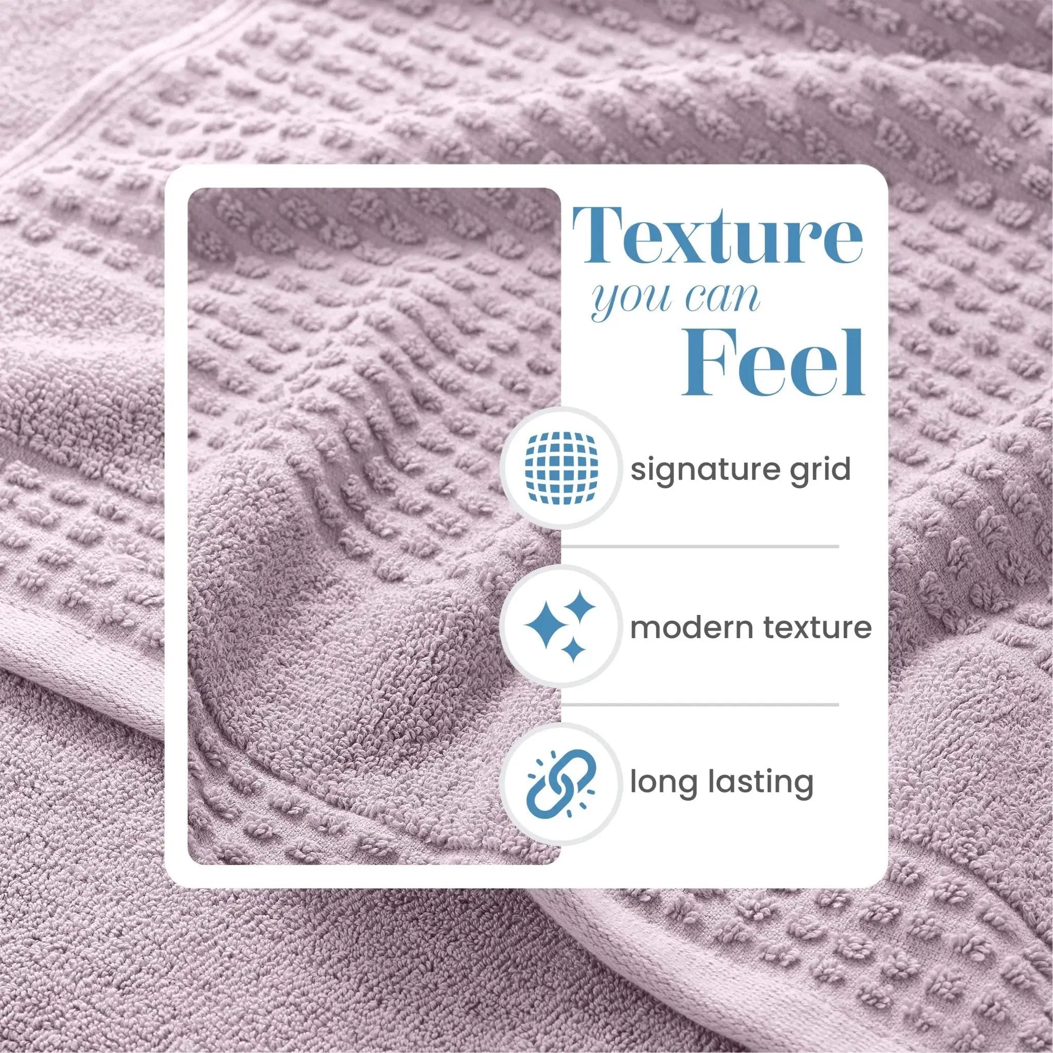 Textured lilac towel with 'Texture you can Feel' label on a textured background