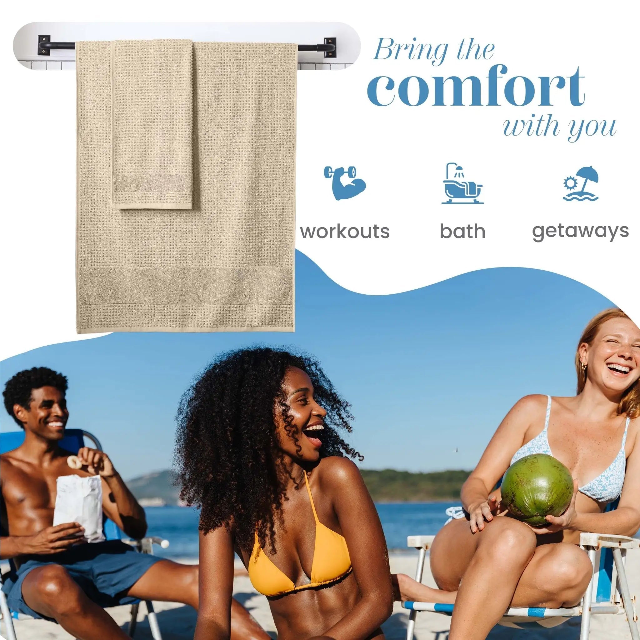 A sand towel hanging on a white wall-mounted towel bar, with beach lifestyle photos of three smiling people at the bottom and promotional text reading 'Bring the comfort with you' and 'workouts bath getaways'.