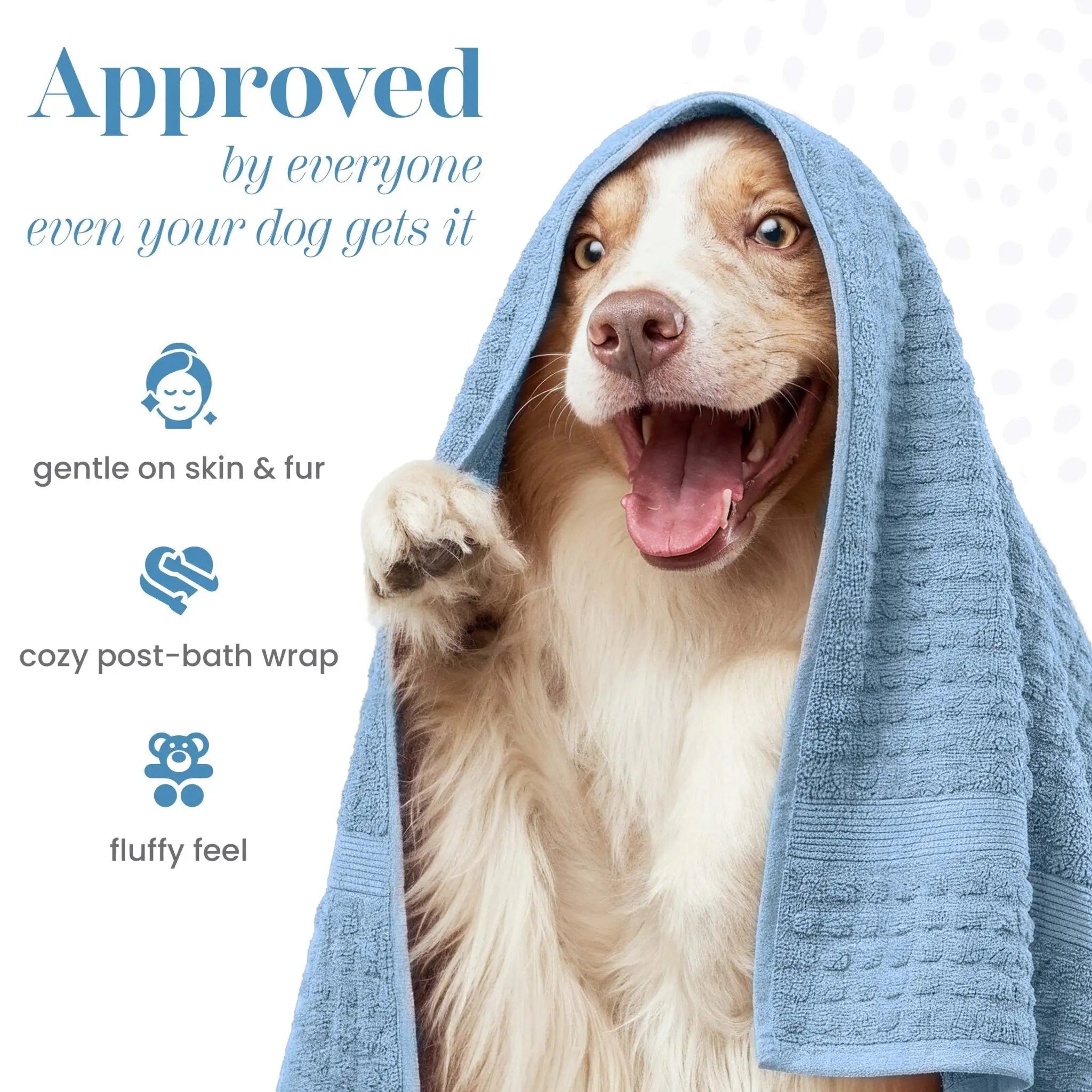 Dog wrapped in a blue towel with text about product benefits
