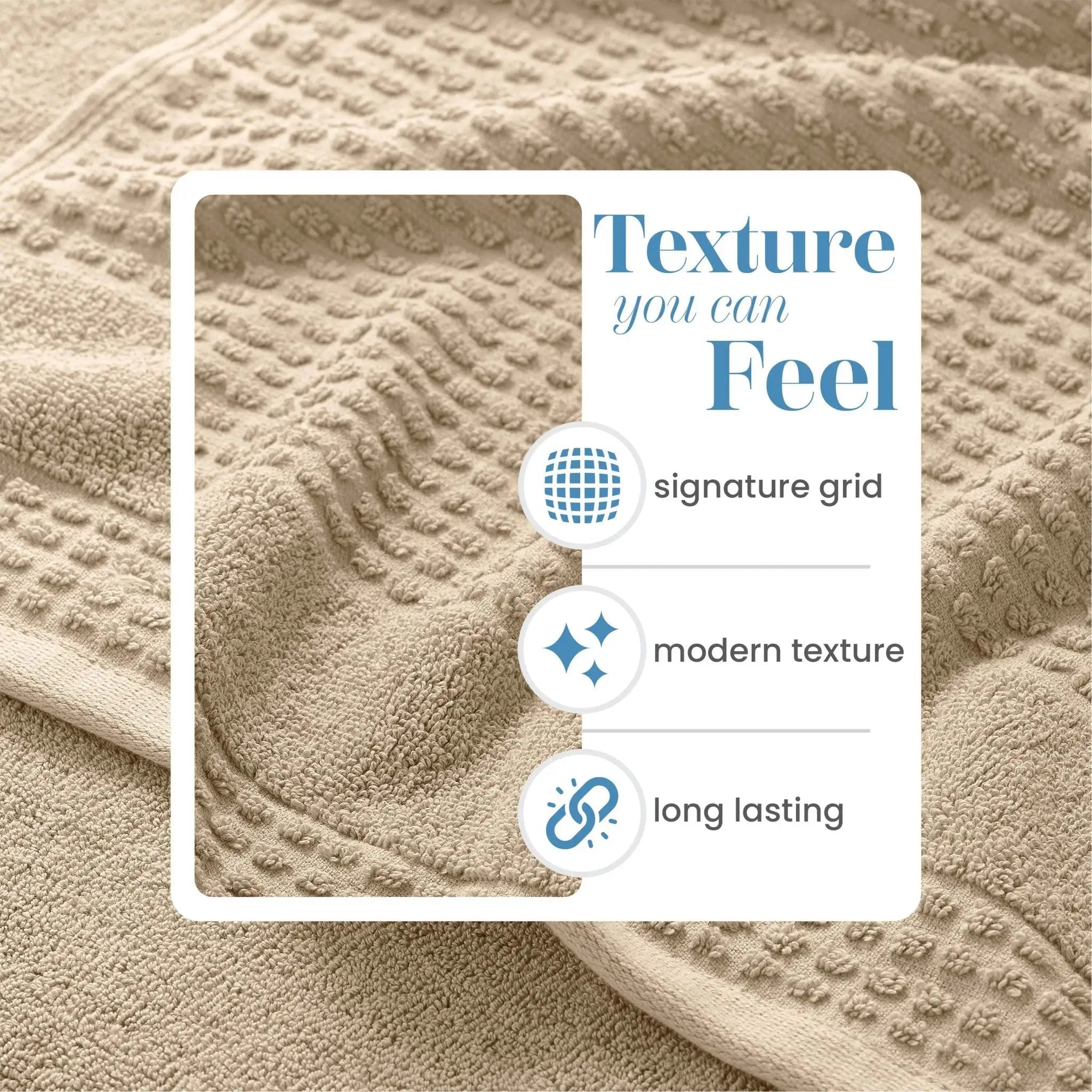 Textured sand towel fabric with a card overlay highlighting features like 'signature grid', 'modern texture', and 'long lasting'.