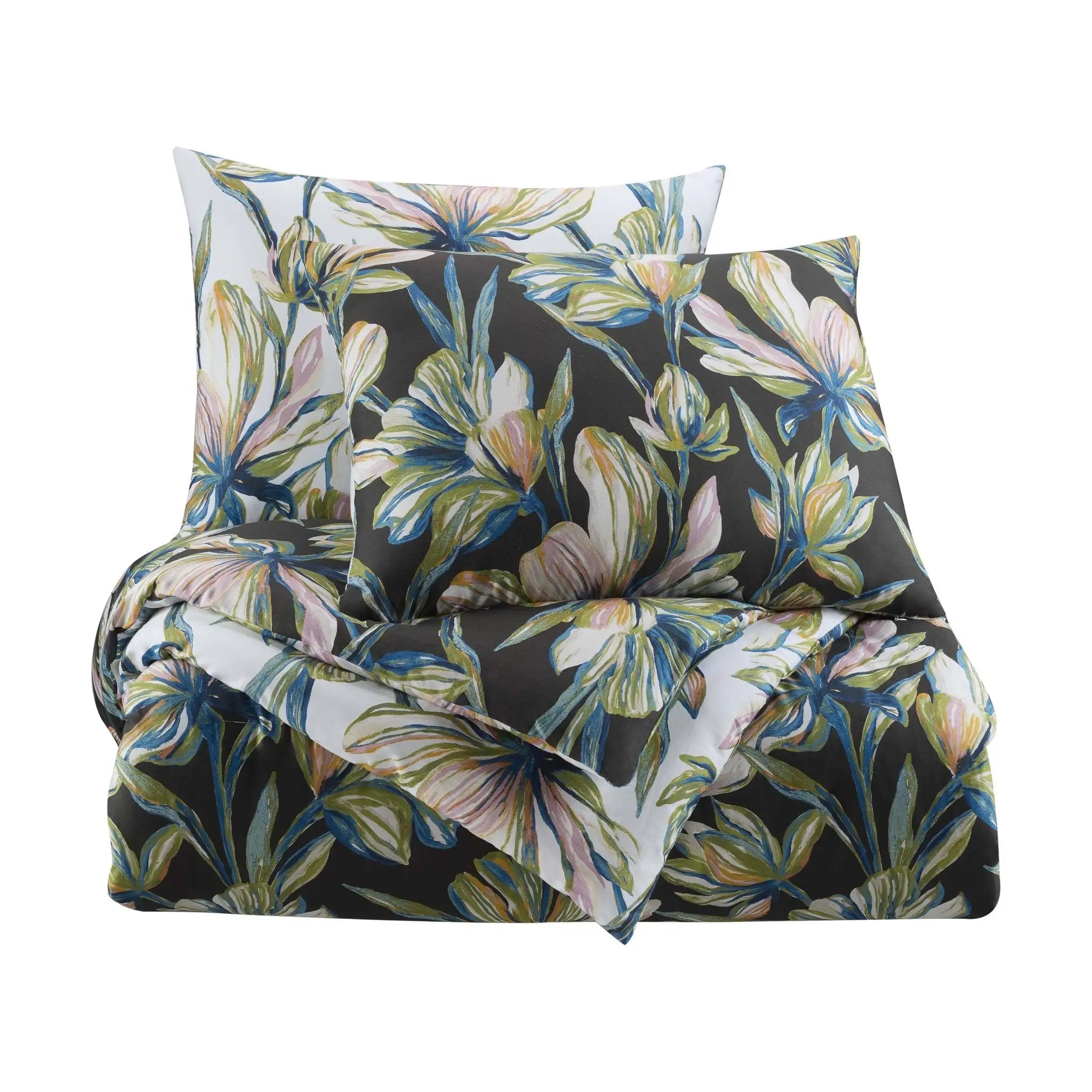 Floral patterned comforter set on a white background