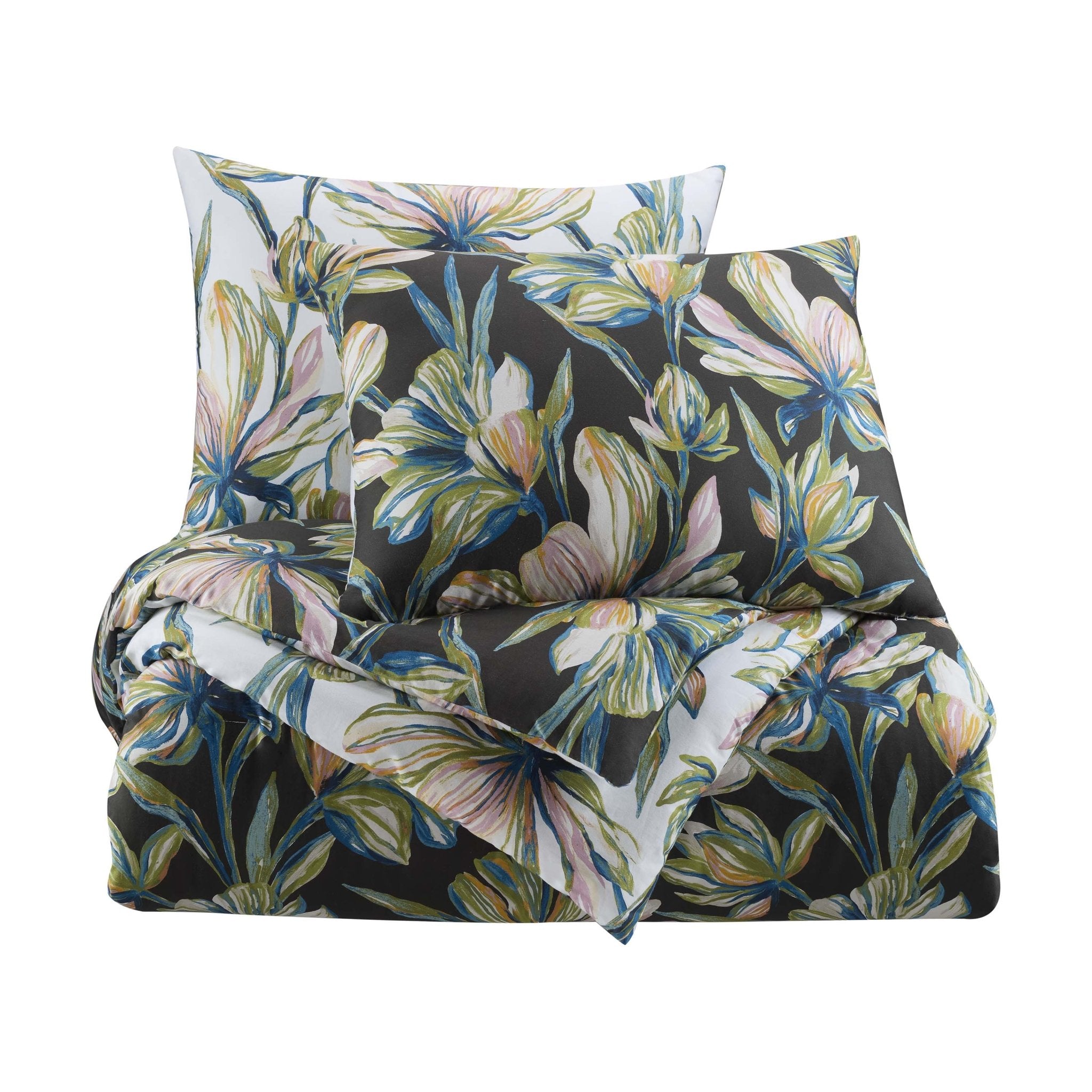 Floral patterned comforter set on a white background