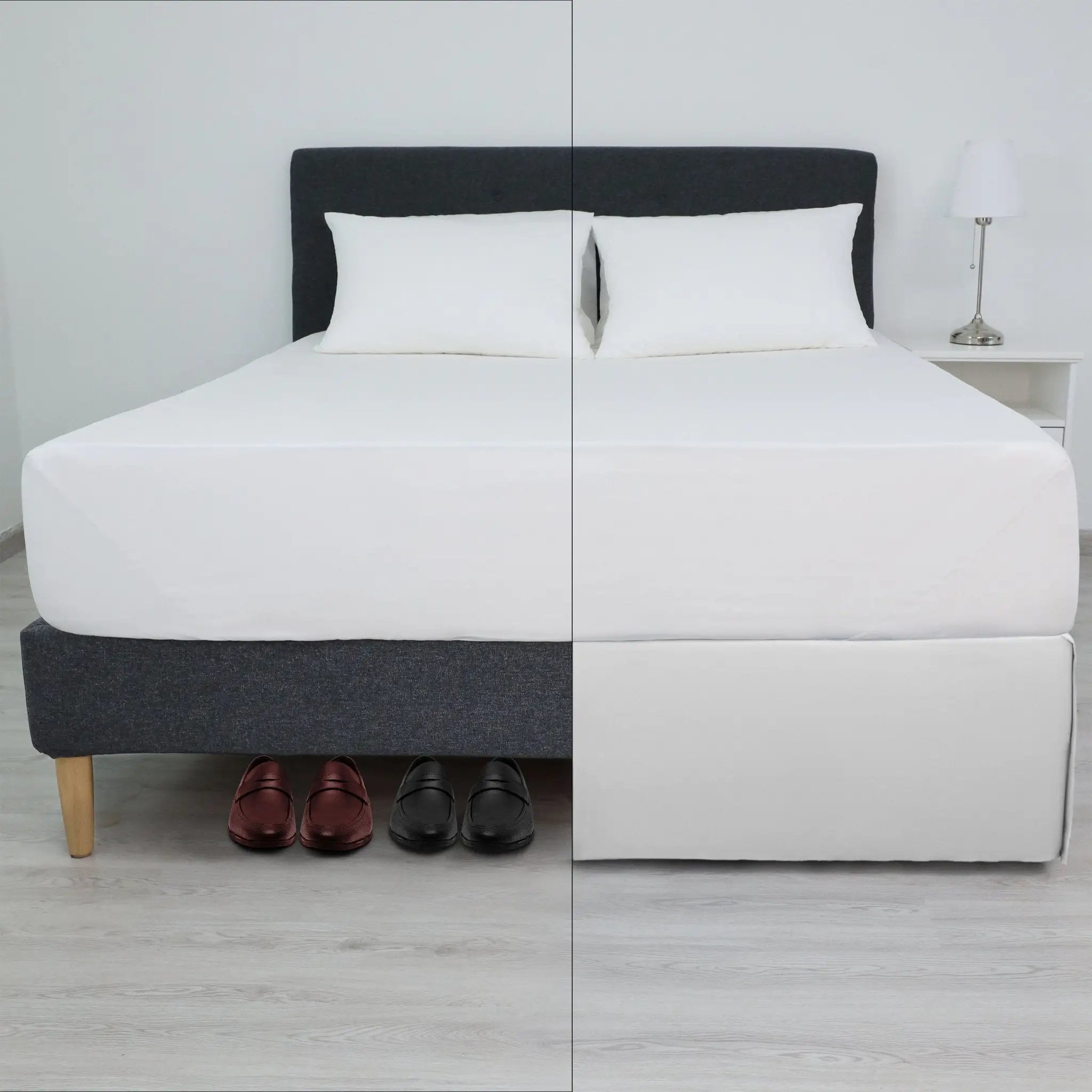 A split-screen, showing left side without bed skirt and right side with white bed skirt.
