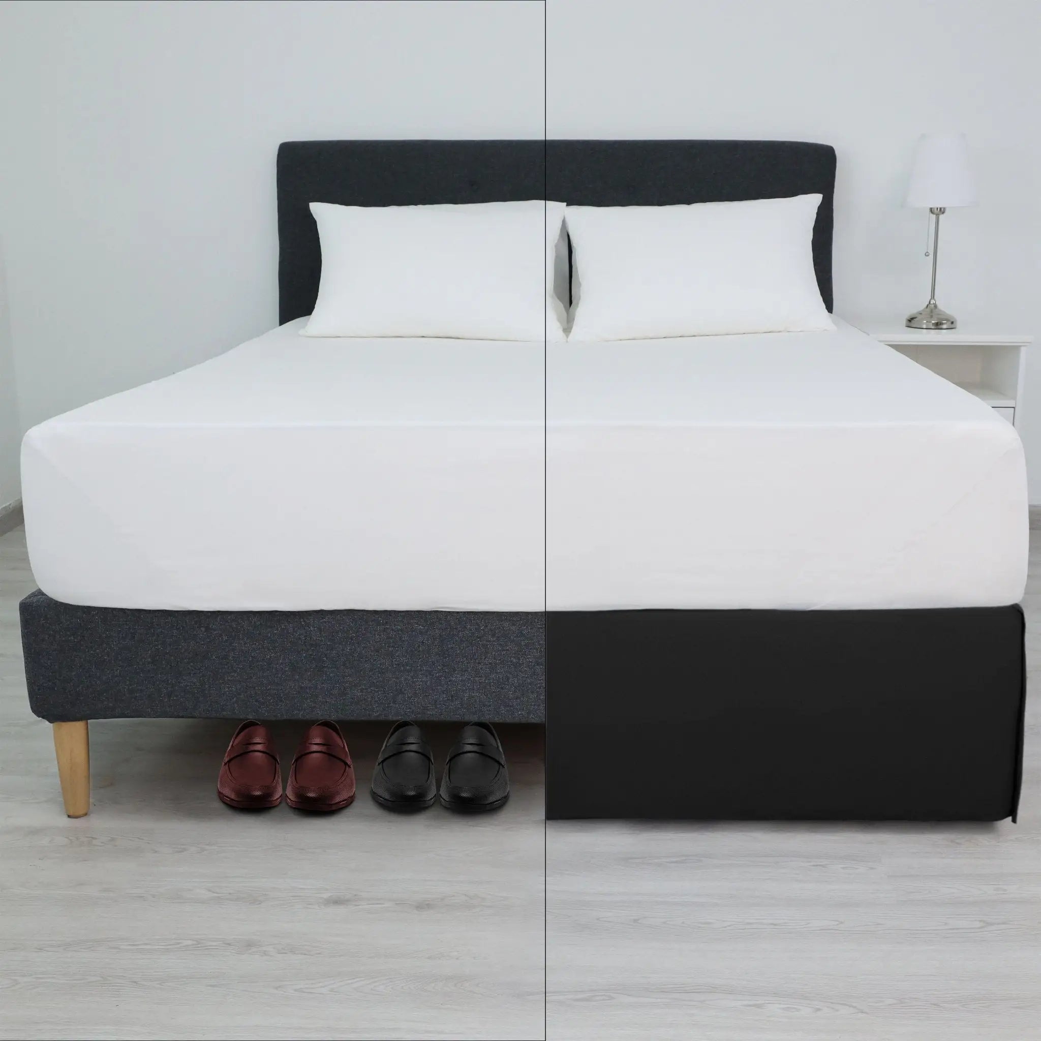 A split-screen, showing left side without bed skirt and right side with black bed skirt.
