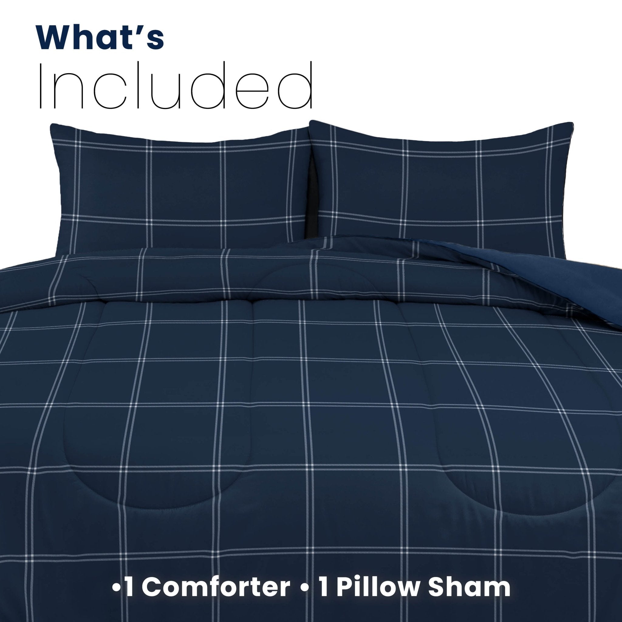 Navy blue checkered comforter set on a white background indicating included items.