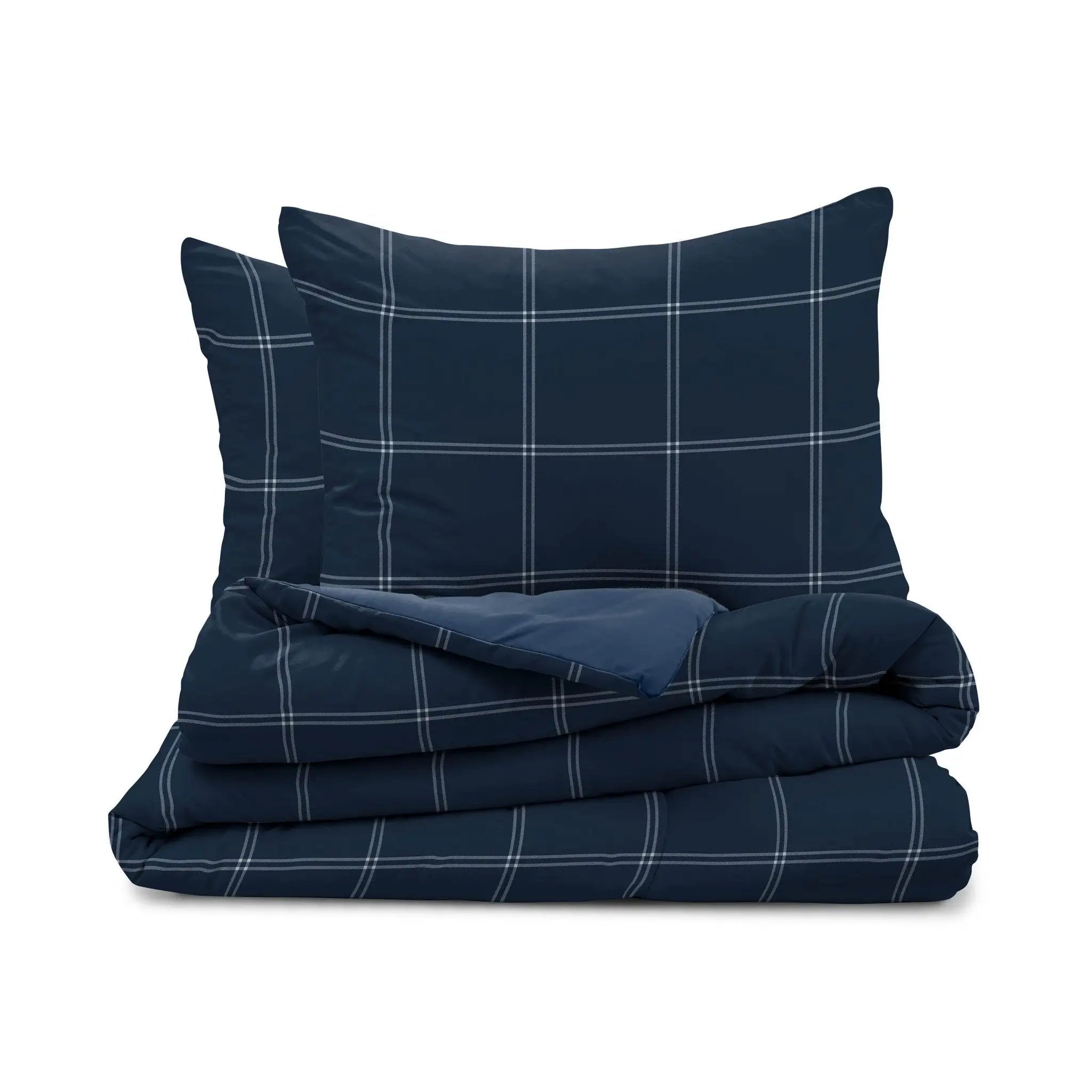 A navy blue bedding set with a white windowpane plaid pattern, including a folded duvet cover and two matching pillow shams, displayed on a clean white background.