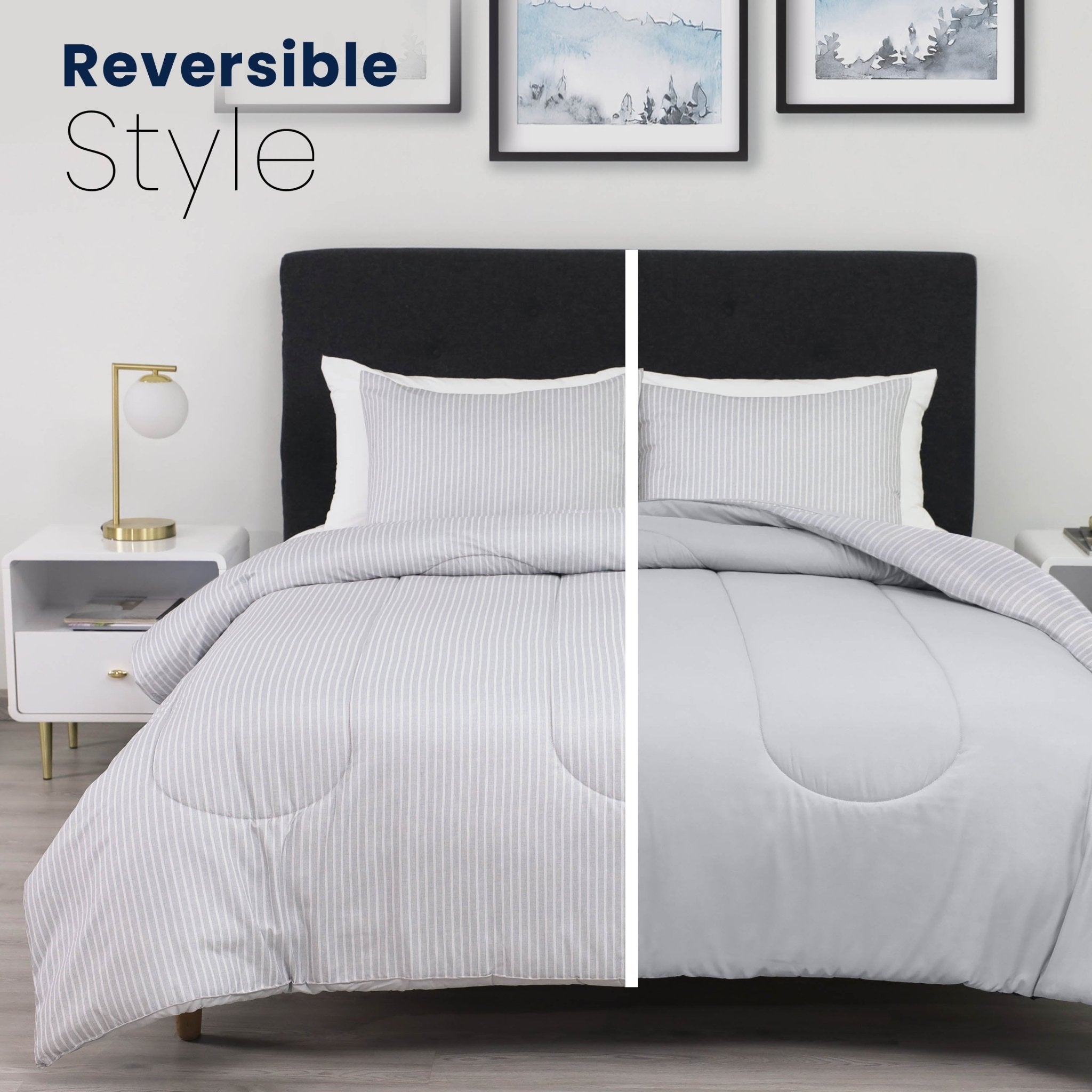 Gray striped comforter set on a bed with 'Reversible Style' text above.