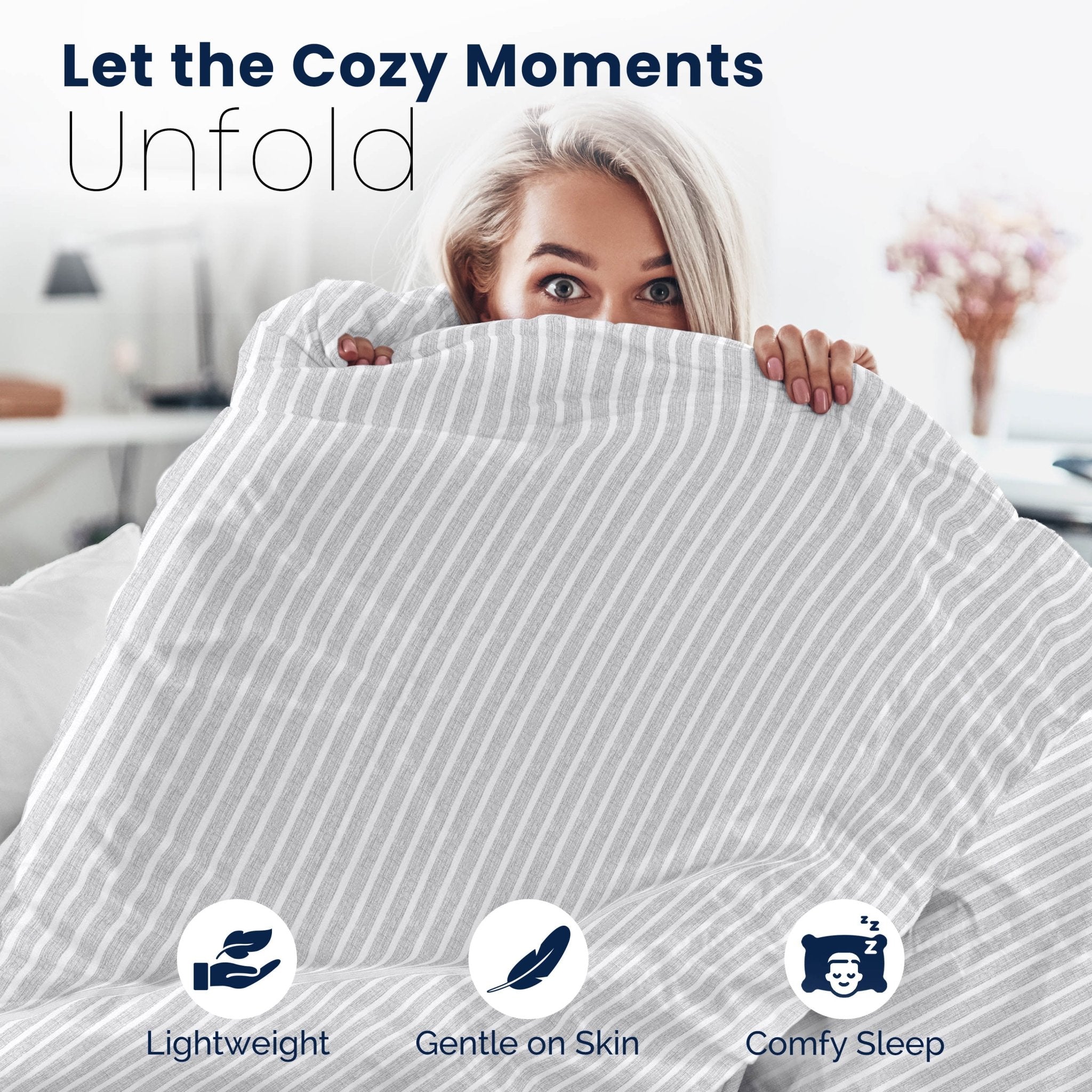Woman holding a comforter with text 'Let the Cozy Moments Unfold' and icons for 'Lightweight', 'Gentle on Skin', and 'Comfy Sleep'.