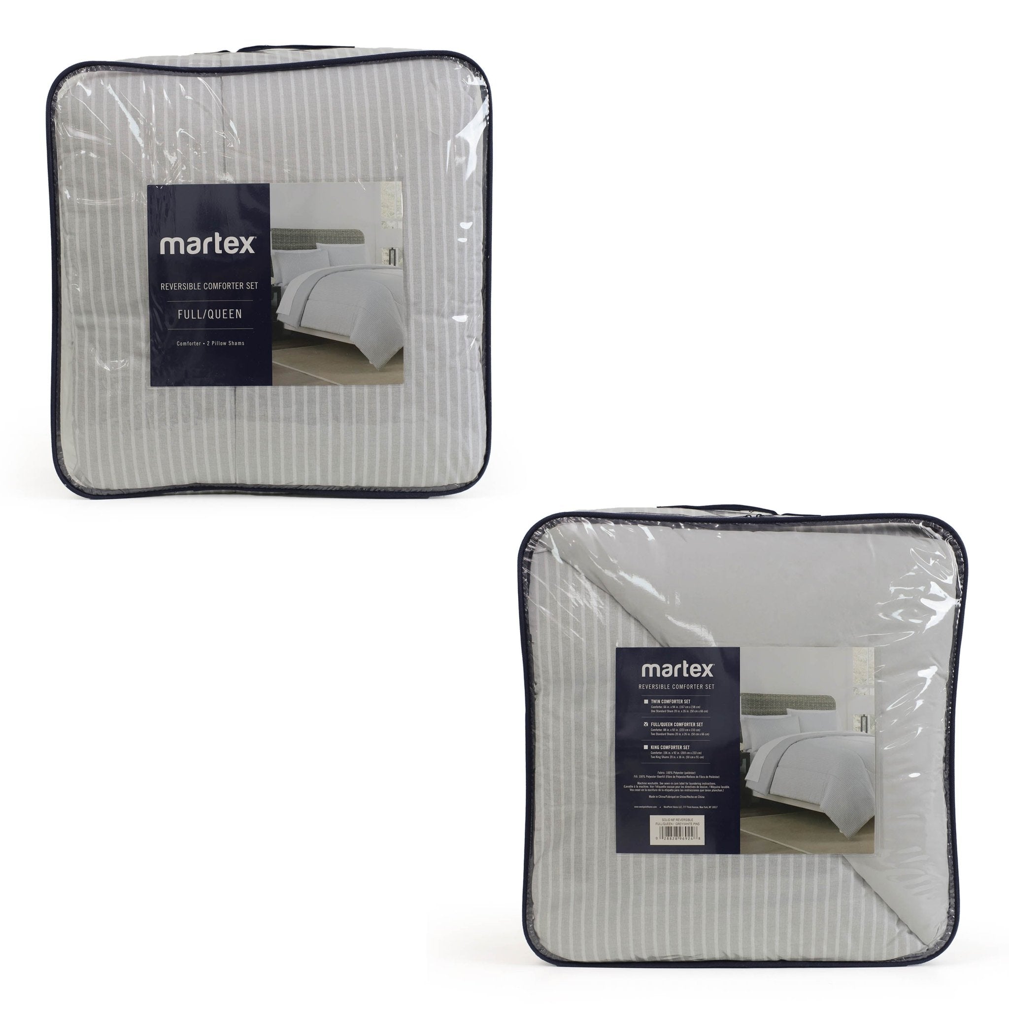 Two packages of Martex bedding set on a white background