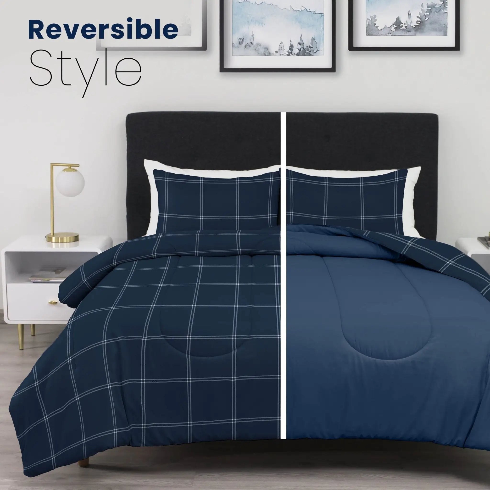 Navy blue plaid comforter set on a bed with reversible style text above.