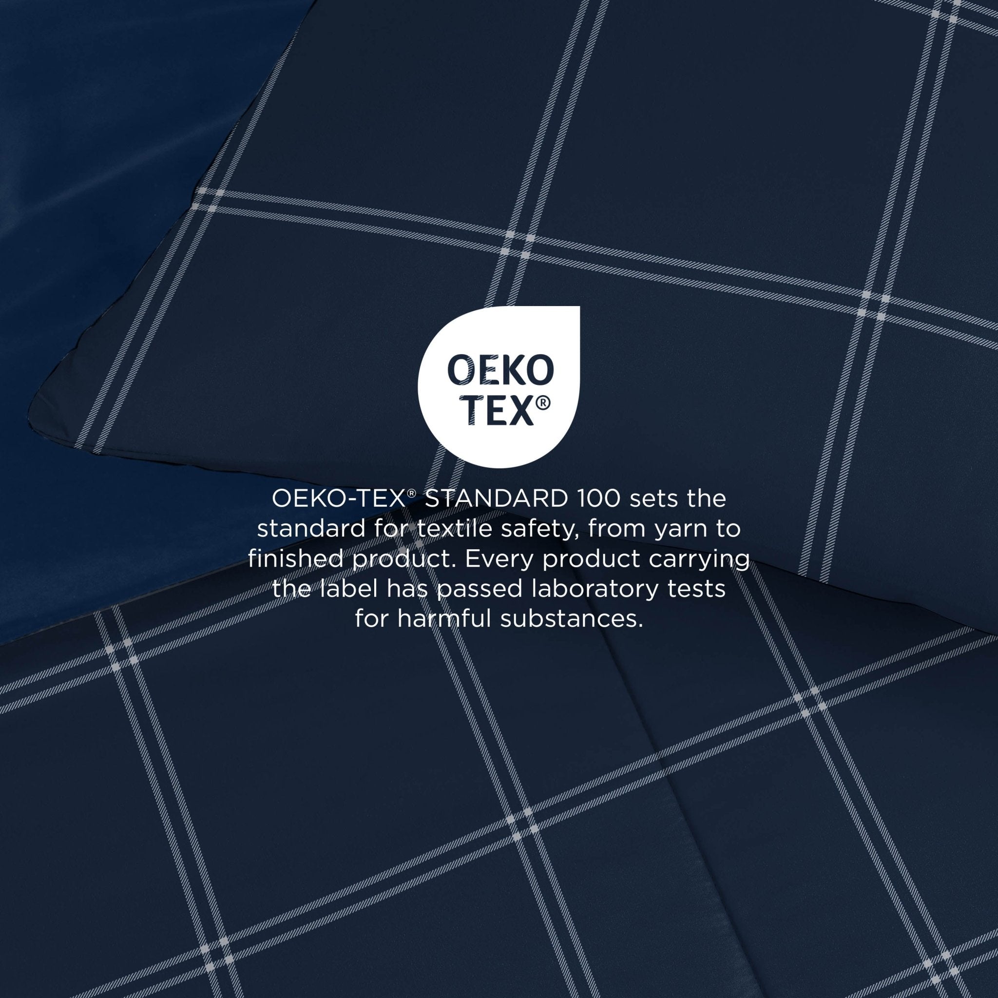 Navy fabric with OEKO-TEX logo and text on a dark background
