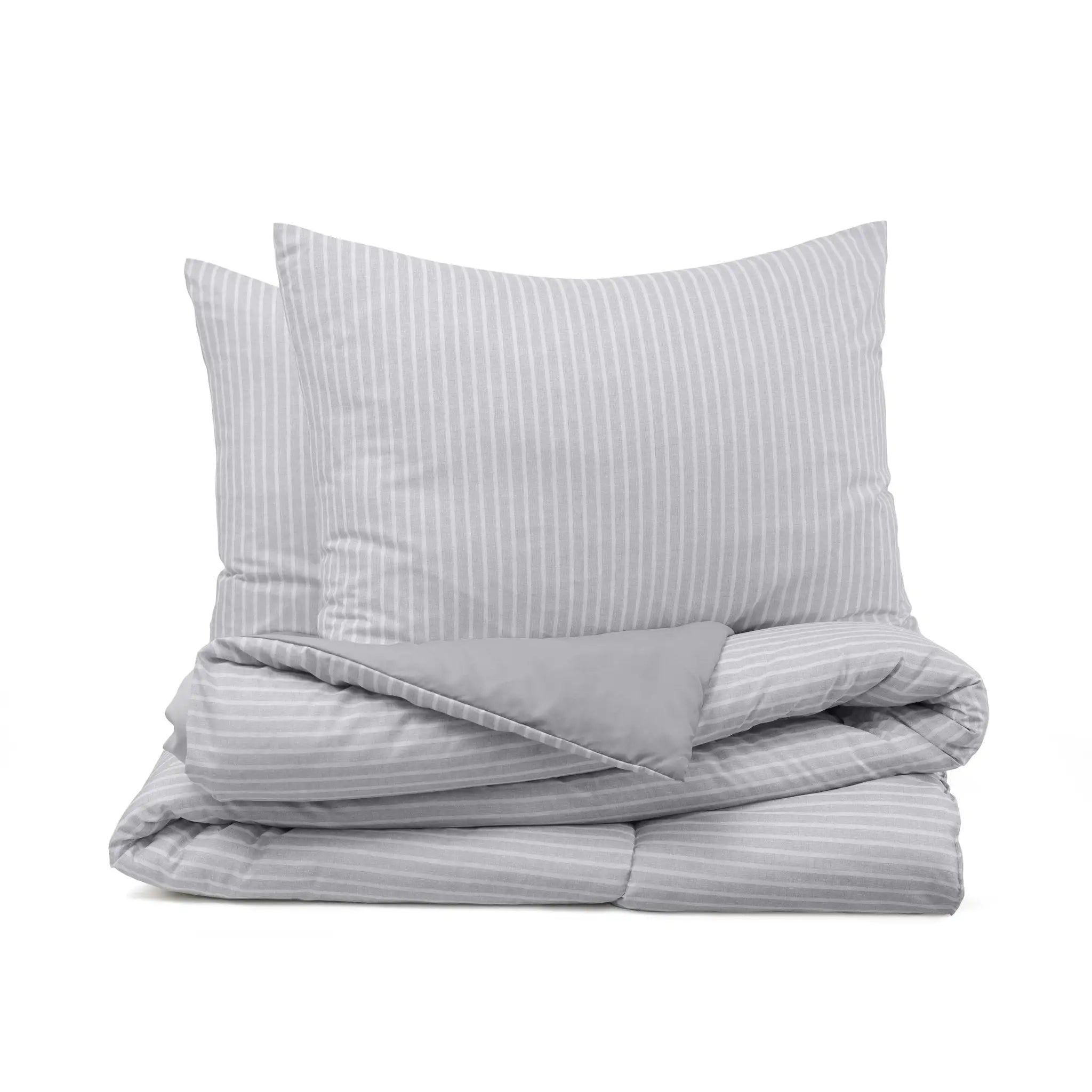 Gray striped comforter set with two pillows on a white background