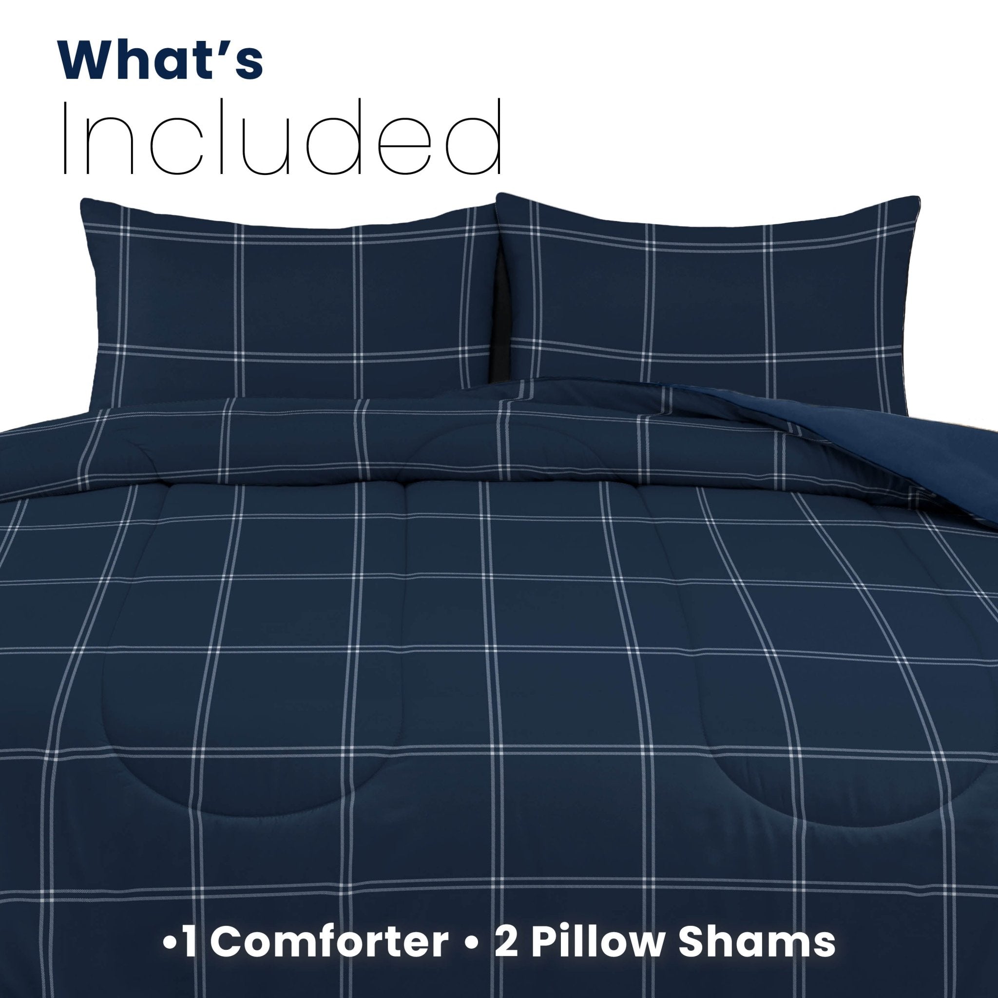 Navy blue checkered comforter set on a white background indicating included items.
