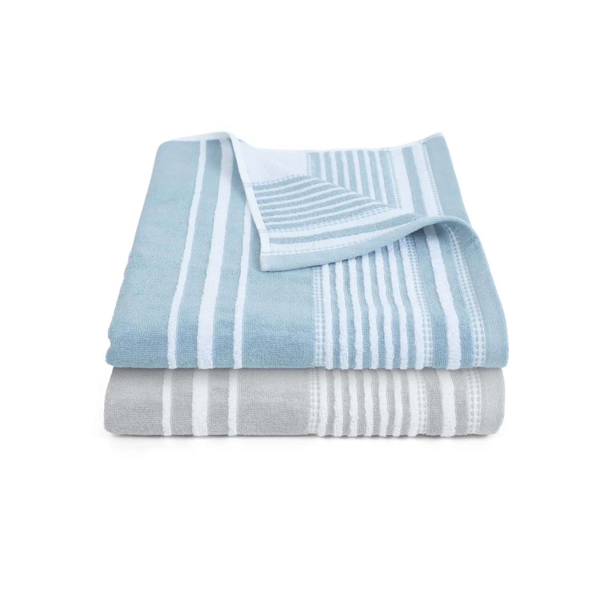 Two folded striped bath towels stacked on a white background, with the top towel in mineral and the bottom towel in gray.
