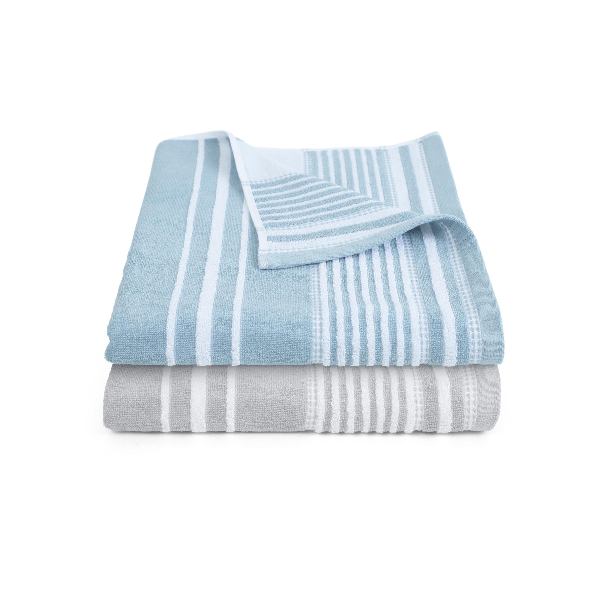 Stack of mineral and gray striped towels on a white background