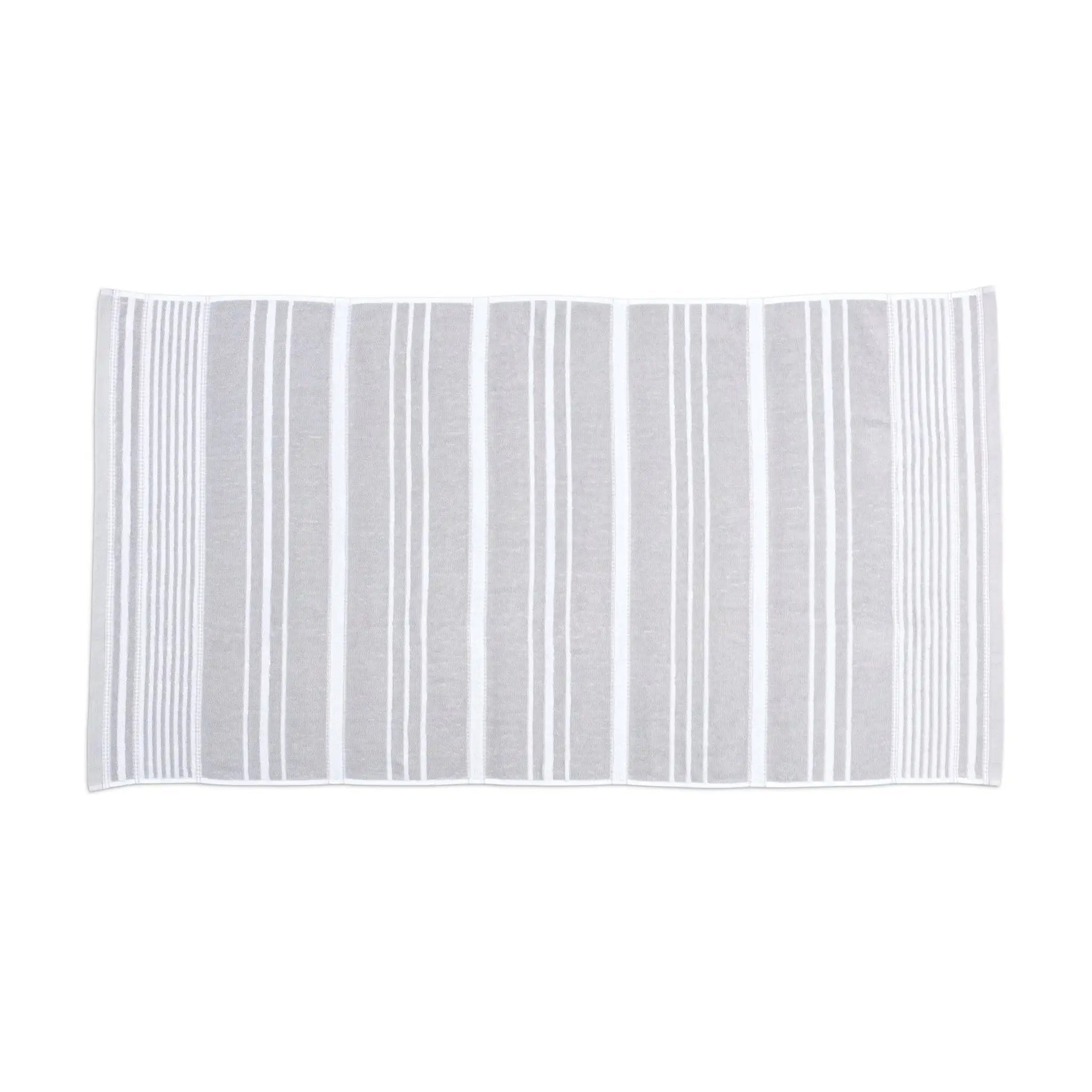 A rectangular striped, grey bath towel, shown flat against a plain white background.
