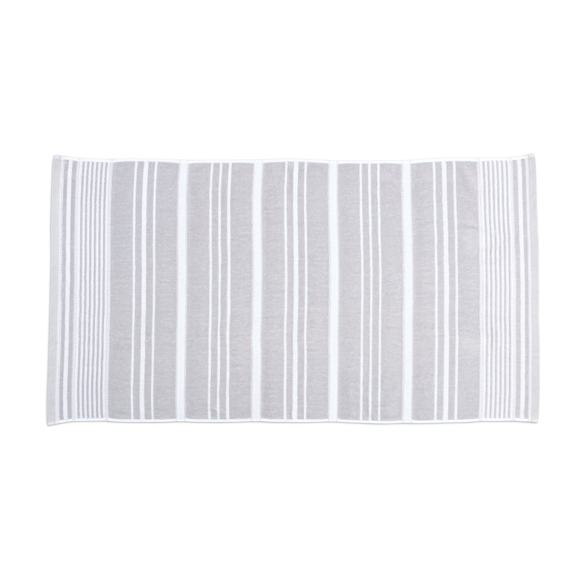 Rectangular grey bath towel silo with horizontal stripes on a white background