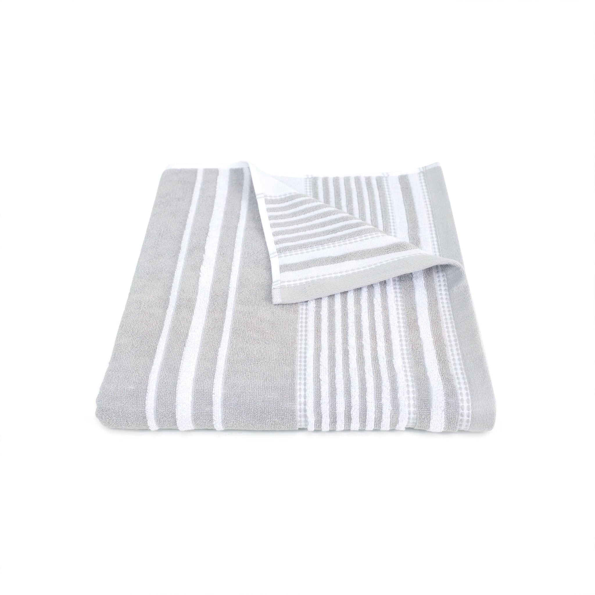 Gray and white striped bath towel on a white background
