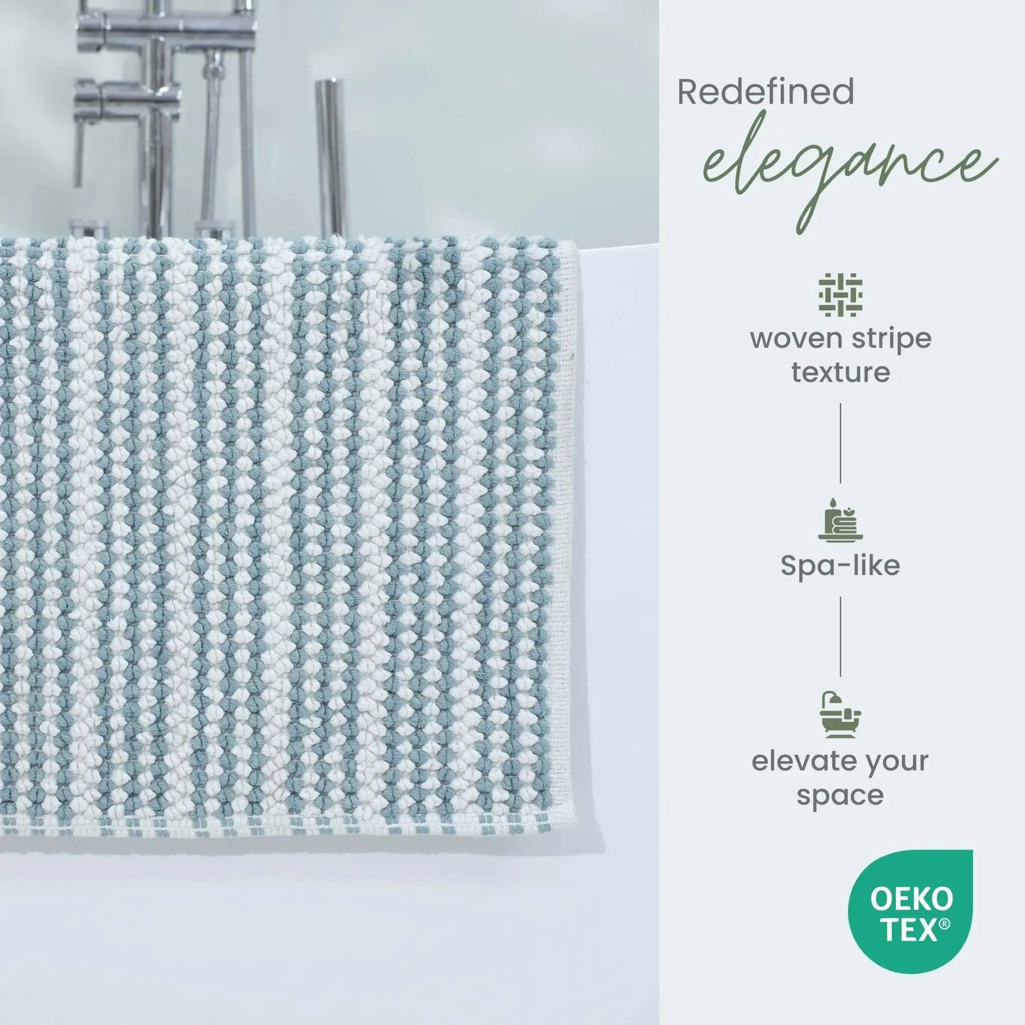 Textured mineral bath mat with woven stripe pattern in a bathroom setting, featuring Oeko-Tex logo.