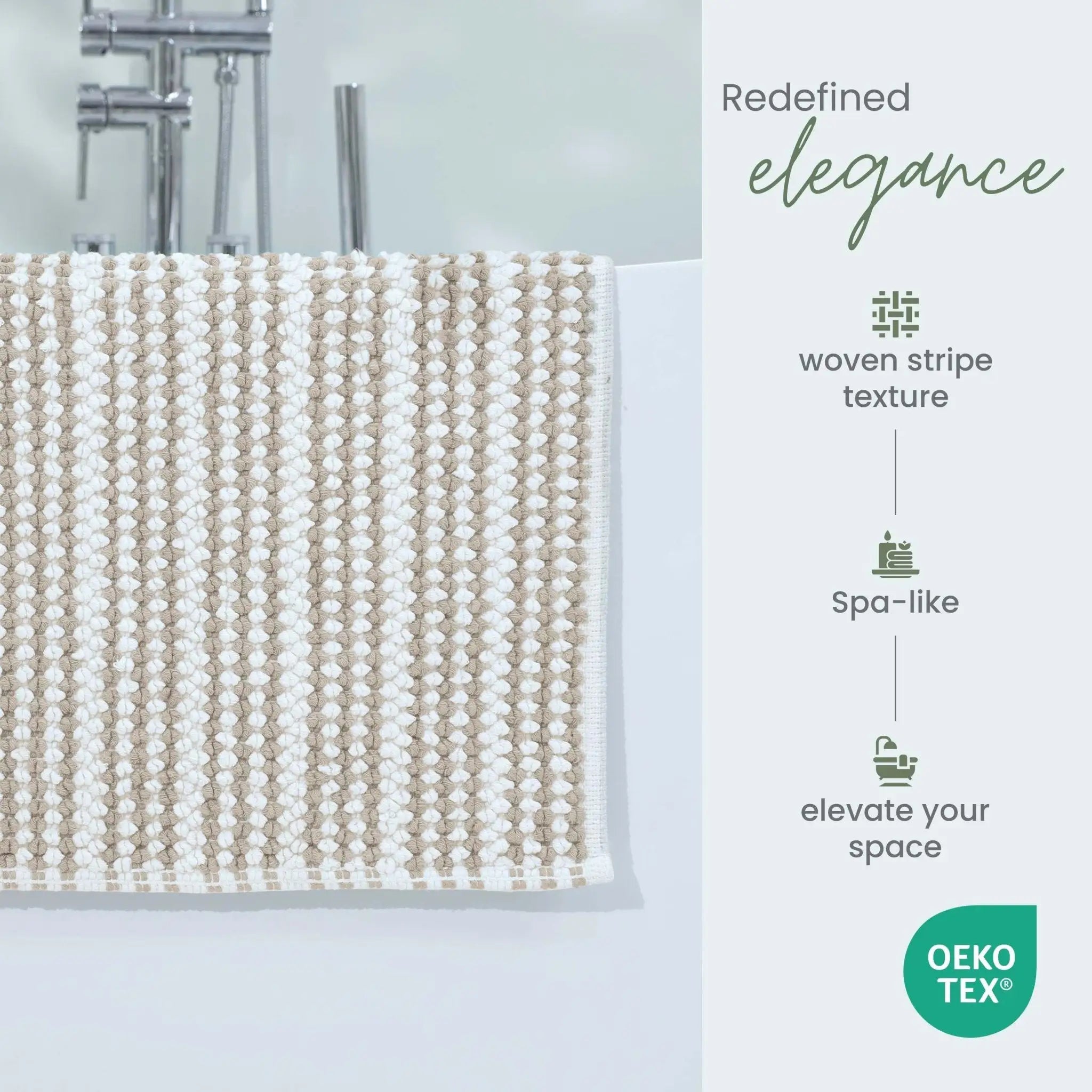 A close-up of a woven sand bath rug draped over the edge of a white bathtub.