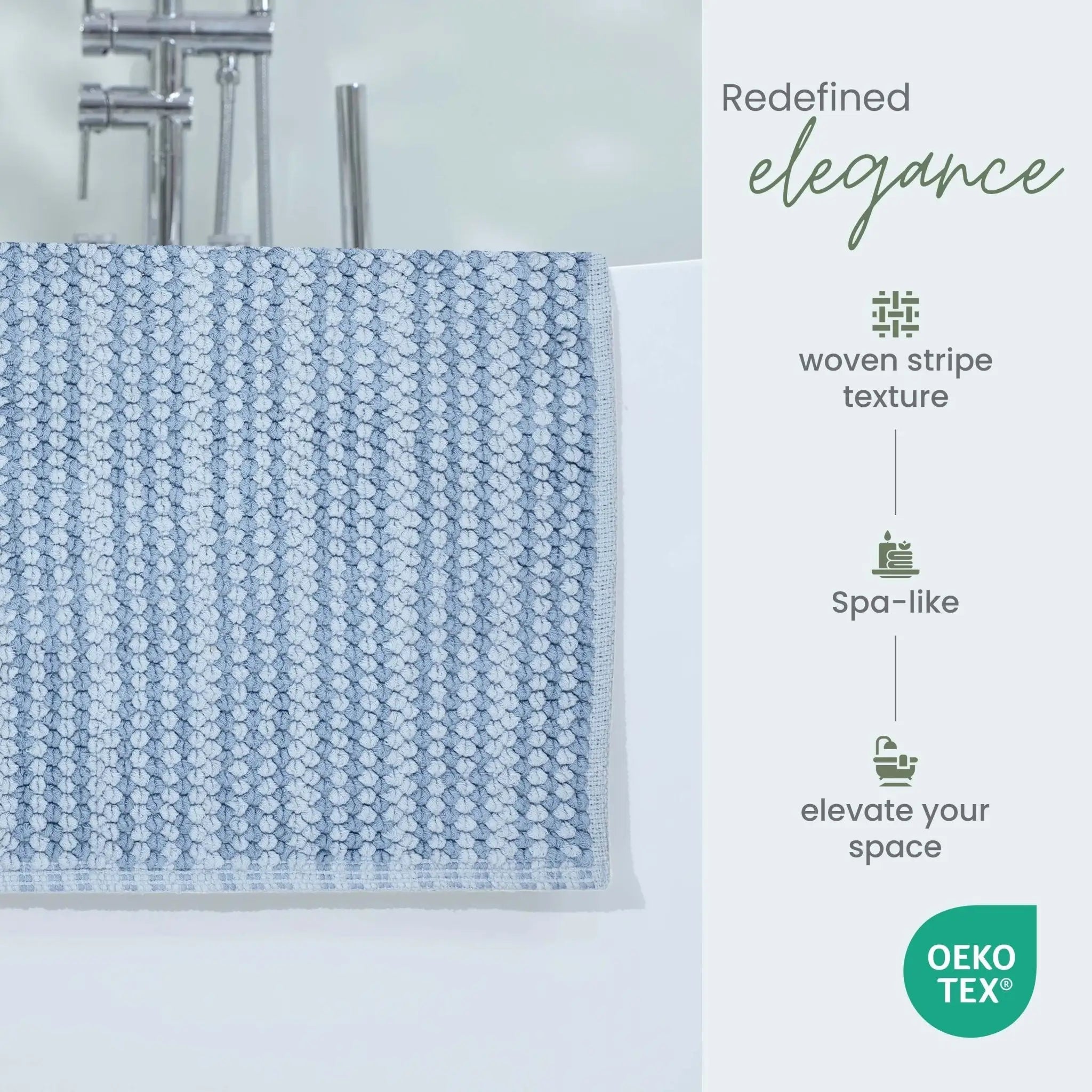 A blue bath rug draped over the edge of a white bathtub. The right side of the image features marketing text reading 'Redefined elegance' and 'woven stripe texture', along with an OEKO-TEX certification badge.