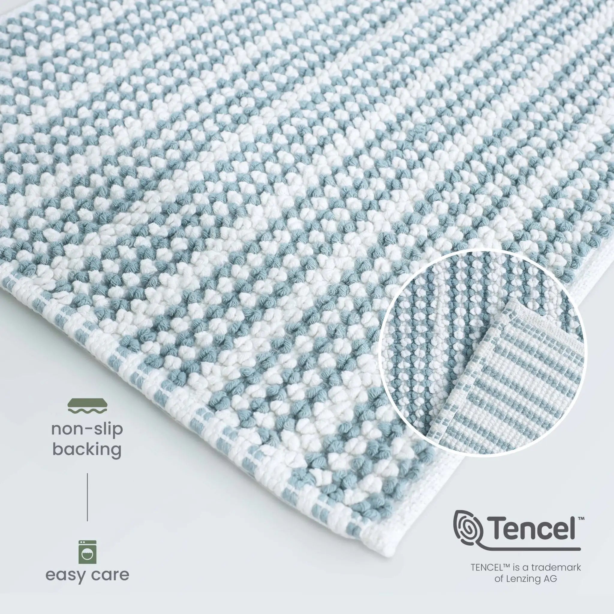 A close-up of a mineral bathmat. Text overlays highlight 'non-slip backing' and 'easy care', with the Tencel brand logo visible in the bottom right corner.