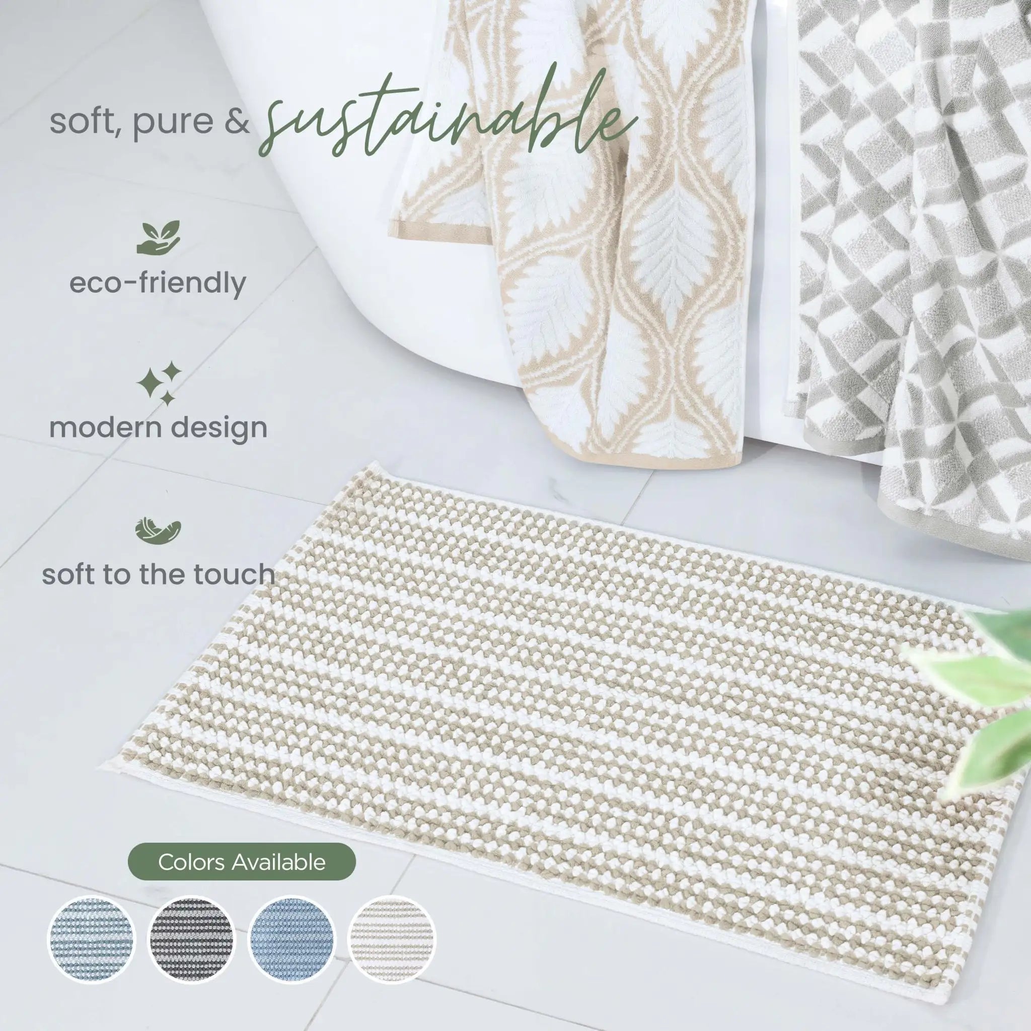 Textured sand color bath rug with 'soft, pure & sustainable' and eco-friendly features on a light background.