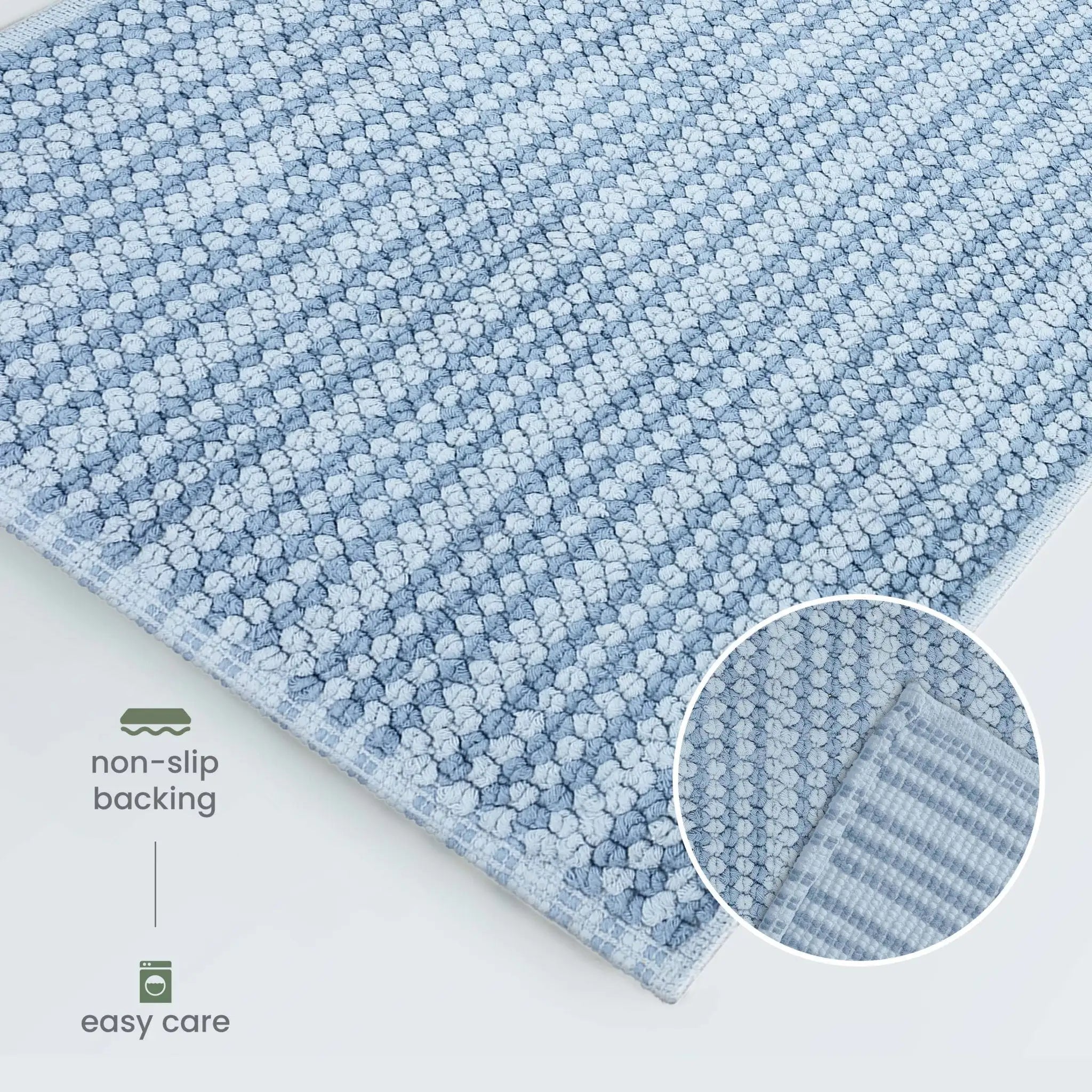 Blue textured non-slip bath rug, on a white background with feature callouts.