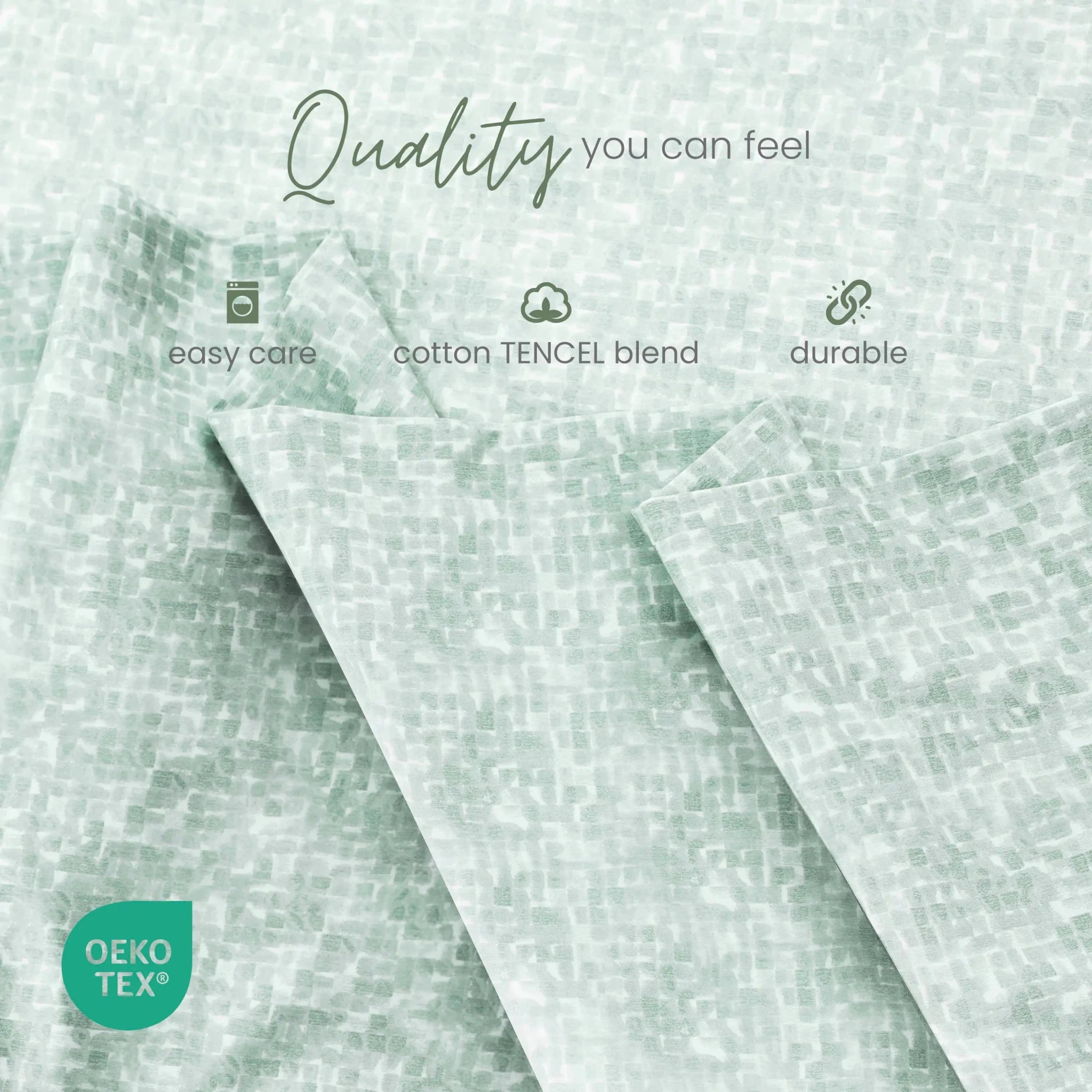 Mint green patterned fabric shown in soft folds with overlaid marketing text reading 'Quality you can feel,' plus small icons for easy care, cotton TENCEL blend, and durable. An OEKO-TEX badge appears in the lower left.