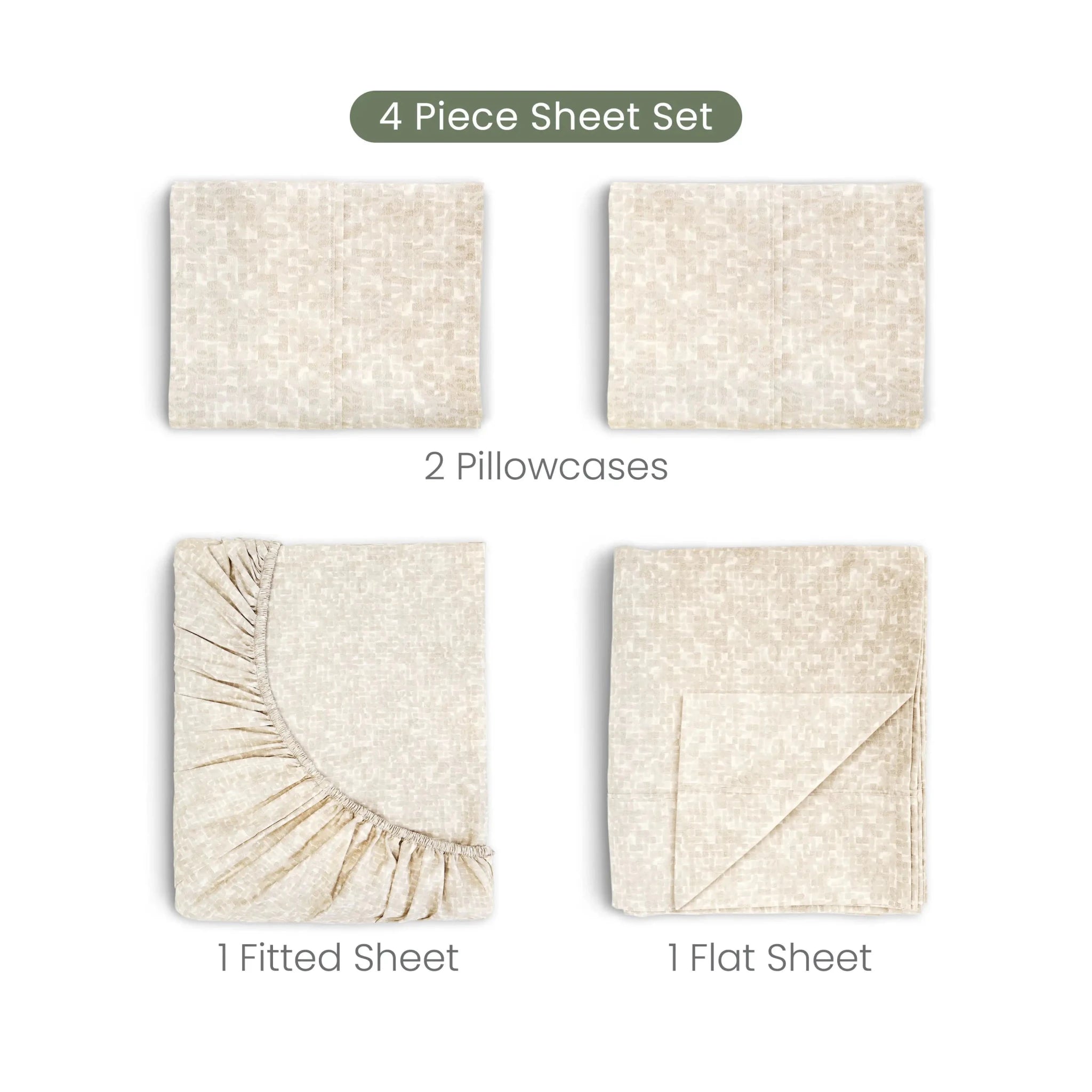 A 4-piece linen sheet set in a light beige color, shown with labels indicating 2 pillowcases, 1 fitted sheet, and 1 flat sheet on a white background.
