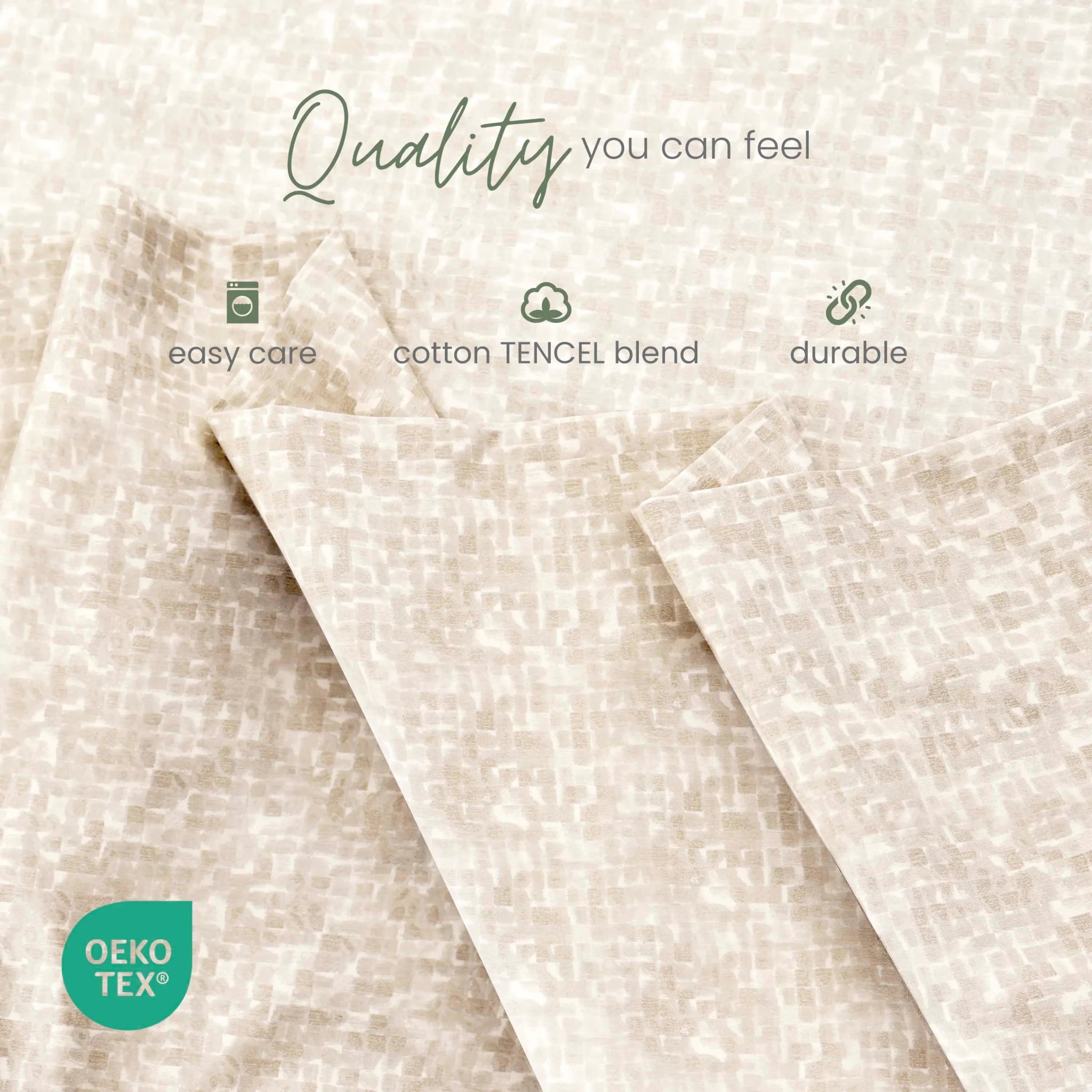 Beige textured fabric with a subtle woven pattern, shown folded with marketing text reading 'Quality you can feel' and feature icons for easy care, cotton TENCEL blend, and durable. An OEKO-TEX logo appears in the lower left.