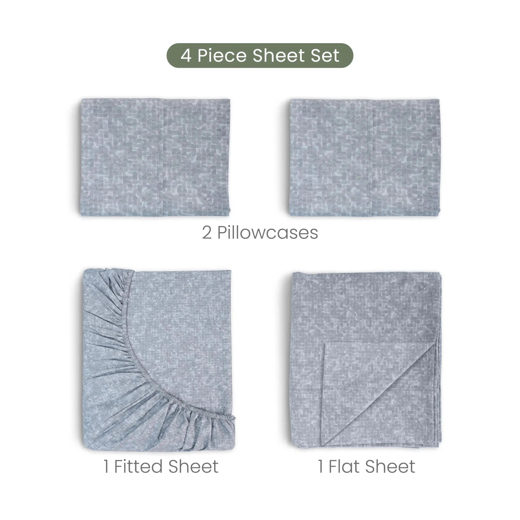 A 4-piece sheet set shown on a white background with labels indicating 2 pillowcases and 1 fitted sheet plus 1 flat sheet. The sheets are light heather gray with a textured fabric.