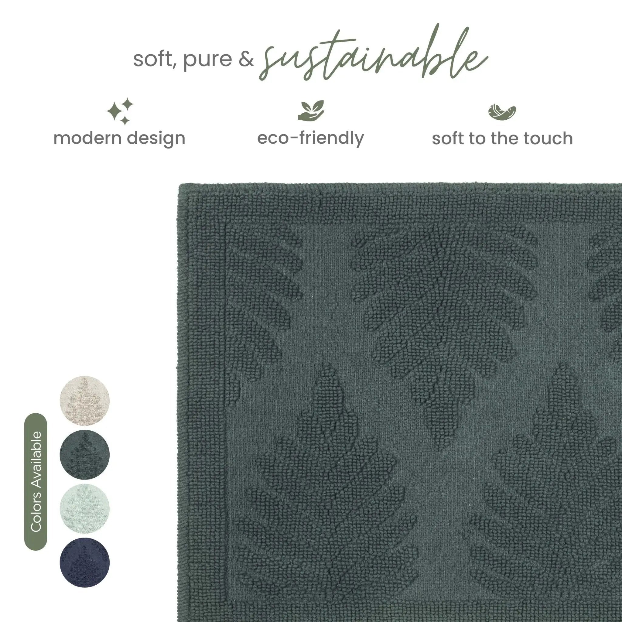 Jade textured rug with a raised leaf pattern, shown on a white background with marketing text and color swatches.